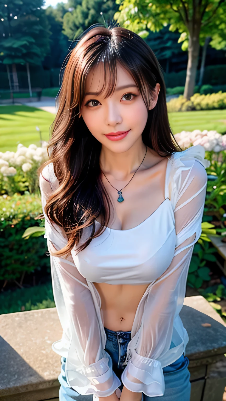 Full Body Angle、((highest quality, 8K, masterpiece: 1.3)), concentrated: 1.2, Cute girl 1,nipples erect、Braless walk、 Perfect beauty: 1.4,Contrast mesh lantern sleeve crop top: 1.2,Long sleeve、randal color、comics&Text Graphics、Black ruffle-trimmed drawstring zip blouse,1.1, Highly detailed face and skin textures, Fine grain, double eyelid, whitening skin, ,highest quality,Ultra-high resolution,you,1 girl,alone,_Shiny_skin,Iris,necklace,((Brown_length_Wavy_hair)),(lips)),eyelash,front hair,deal with,compensate,Shiny,pore,skin texture,big breasts、smiling face、garden、