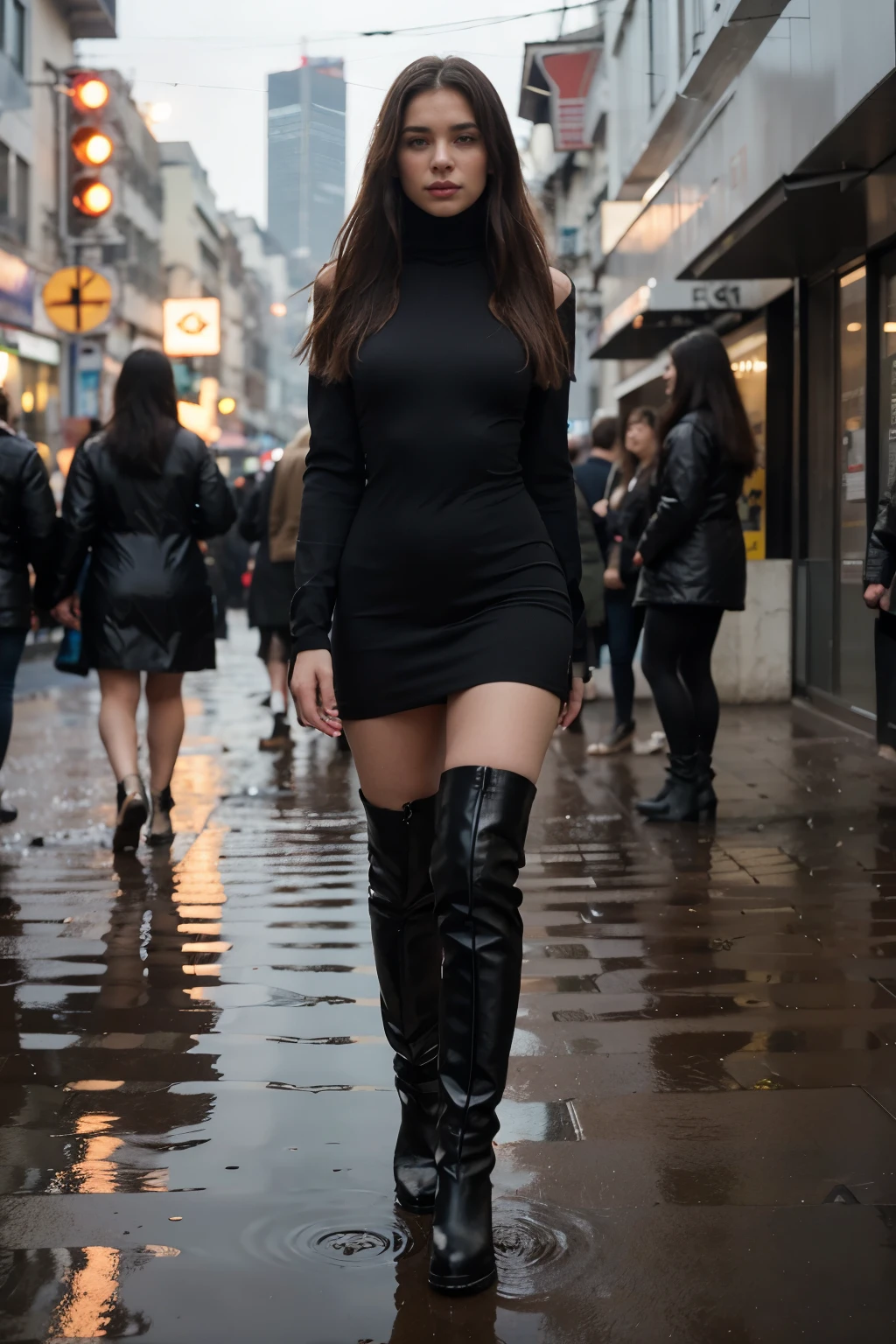 araffe woman in black dress and high boots walking on a wet sidewalk, ruas molhadas, pretty girl standing na chuva, standing na chuva, Dasha Taran, na chuva, em um dia chuvoso, Na cidade, em um ambiente chuvoso, olhar molhado, na rua da cidade, Alexandre Rostov, fotografia Alexei Gurylev