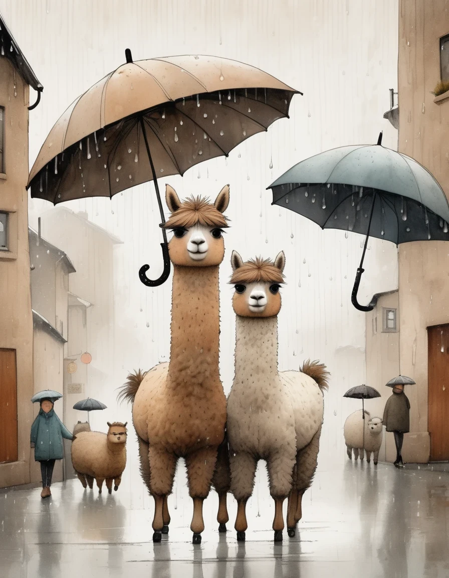 Captivating full-body caricature re-created in the style of jon Klassen and Sam Toft: alpacas under umbrellas, raindrops, modern sketches and dynamic line drawings of features, brown textures - 5:7 - original style 
