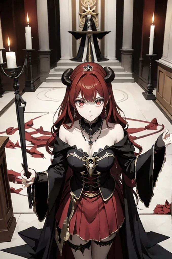 ((highest quality)), ((masterpiece)), (be familiar with), Perfect Face、The Enchanting Body of Celica（FE）、Red hair、The perfect proportions、semi-long、necklace、Bangles、Caster wheel、Circlet、Luxury Accessories、first round、Fallen into evil、、Blank look、Engagement Rings、Hollow Eyes、Ritual of Summoning Demons、Dark Room、Red magic circle on the floor、、大量のSkeleton Candelabraと蝋燭、darkness、Black sheets、Devil's Altar、Suspicious rituals、A large number of skull objects、Big magic circle on the floor、Skeleton Candelabra、Luxury Jewelry、Be baptized by the devil、Skeleton Crown、black large gemstone pendant、empty eyes、Apathy、Expressionless、Black priestly uniform、devil&#39;s priest、believer in demons、dark priest、Black religious clothing、Richly decorated priestly vestments、Black clothes、Black Veil、Devil's Ornaments、Devil&#39;s Accessories、Temple of the Devil、Standing in front of the altar、Open your arms、Big devil statue、Black interior、Big devil statueに祈りを捧げる、Large goat-headed devil statue、Big Baphomet statue