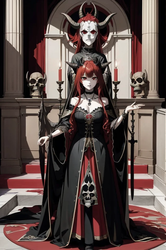 ((highest quality)), ((masterpiece)), (be familiar with), Perfect Face、The Enchanting Body of Celica（FE）、Red hair、The perfect proportions、semi-long、necklace、Bangles、Caster wheel、Circlet、Luxury Accessories、first round、Fallen into evil、、Blank look、Engagement Rings、Hollow Eyes、Ritual of Summoning Demons、Dark Room、Red magic circle on the floor、、大量のSkeleton Candelabraと蝋燭、darkness、Black sheets、Devil's Altar、Suspicious rituals、A large number of skull objects、Big magic circle on the floor、Skeleton Candelabra、Luxury Jewelry、Be baptized by the devil、Skeleton Crown、black large gemstone pendant、empty eyes、Apathy、Expressionless、Black priestly uniform、devil&#39;s priest、believer in demons、dark priest、Black religious clothing、Richly decorated priestly vestments、Black clothes、Black Veil、Devil's Ornaments、Devil&#39;s Accessories、Temple of the Devil、Standing in front of the altar、Open your arms、Big devil statue、Black interior、Big devil statueに祈りを捧げる、Large goat-headed devil statue、Big Baphomet statue