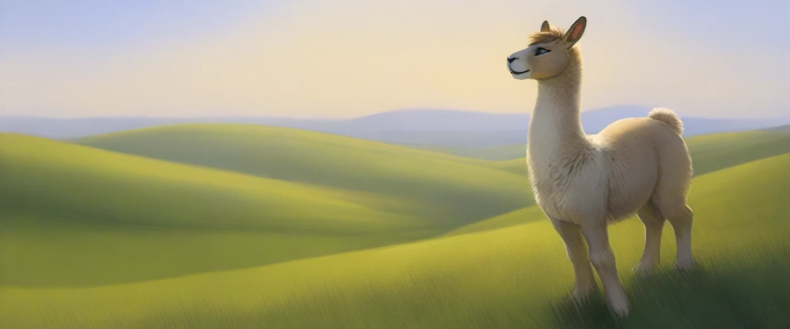(ultra detailed), a beautiful and intricately rendered full-size portrait of a solitary alpaca, (1.3), standing calmly with its soft, fluffy coat, (beige color), showcasing its distinct elongated ears and expressive eyes, (brown, expressive), set against a serene, open landscape, (green pasture, rolling hills), under a clear, sunny sky, (blue, cloudless), capturing the gentle essence of this beloved animal, a masterpiece by renowned artists such as (Pino Daeni, Ruaidri, Virtyalfobo, Kenket). (4k, HD, ultra detailed)