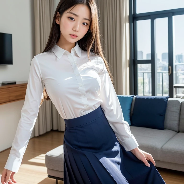 The eyes of a beautiful Japanese  girl wearing a white long-sleeved blouse and navy blue skirt, the  prescribed by her Japanese high school, dance in the living room with a cold expression on her face. Focal length 100mmf/2.8, spring evening, gray clouds and sunset sunlight, living room on the upper floor of a high-rise apartment, well-shaped face, toned body, white long-sleeved blouse of the  designated by Japanese high schools, large arms. Movement, navy blue skirt, maximum close-up of the eyes, realism, dynamism, 8K image quality, highest quality.