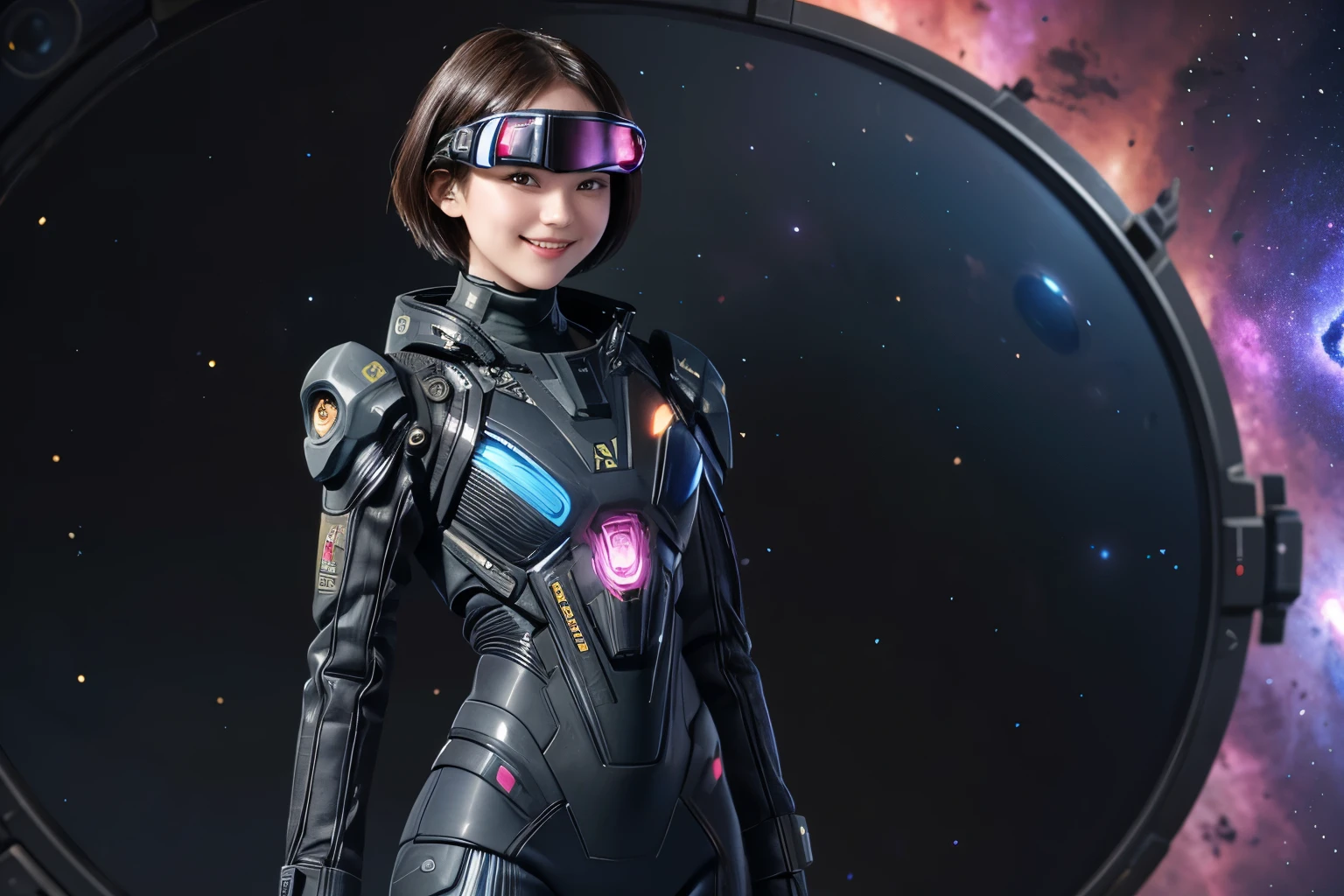 210 Short Hair, 20-year-old woman, Floral, A kind smile, Futuristic clothing, machinery suit, (The background is a galaxy and nebula), (Futuristic goggles)