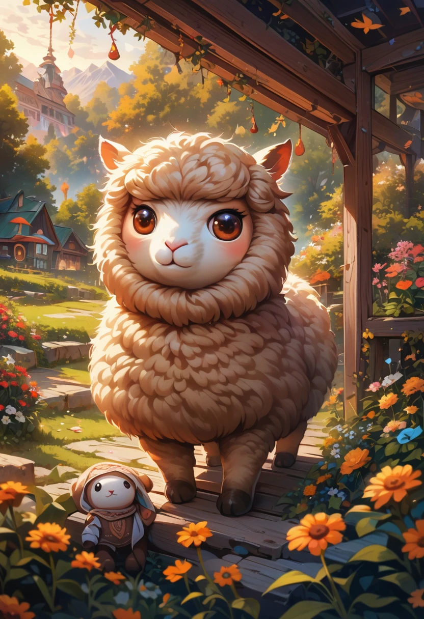 style, Vibrant colors, dreamy atmosphere, Layered composition, Intricate details, Warm rural background,(Brown Alpaca, Alpaca plush toy, Old Alpaca, Anthropomorphic alpacas, Fluffy,Solitary, big eyes,best quality,Super detailed,Reality), Soft texture, Comfortable atmosphere, peaceful garden background, Vibrant colors, Warm lighting