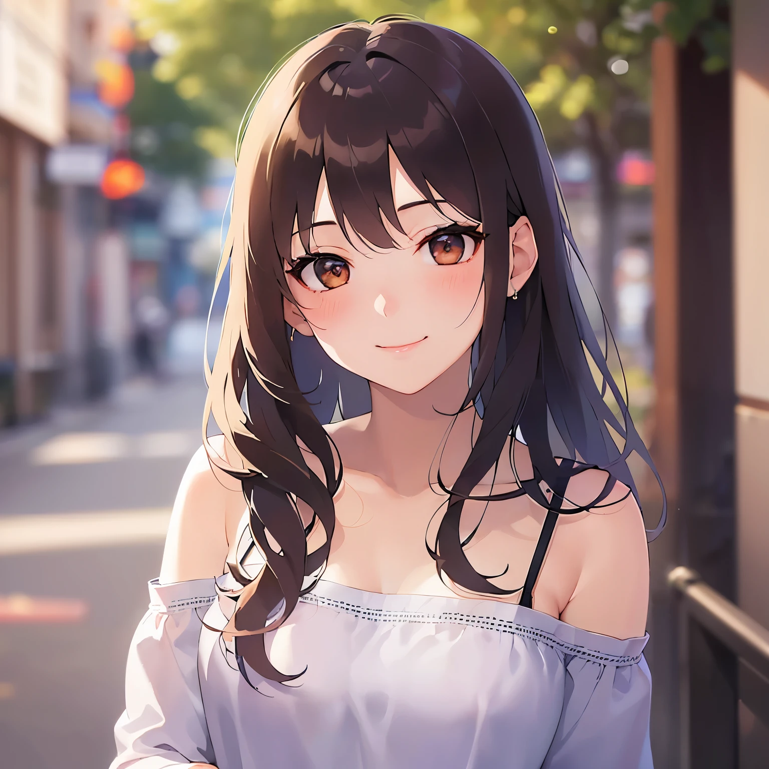 POV, looking up, Upper Body, Realistic, real person, (pale skin: 1.2), RAW photo, photorealistic, portrait photography, shiny skin, shiny hair、(25 year old woman with medium hair with bangs) and (wavy hair) and (brown hair) and (orange eyes), (orange) and （Off-the-shoulder blouse）、(smile, blush:1.5), background is outside、Alone、Are standing、