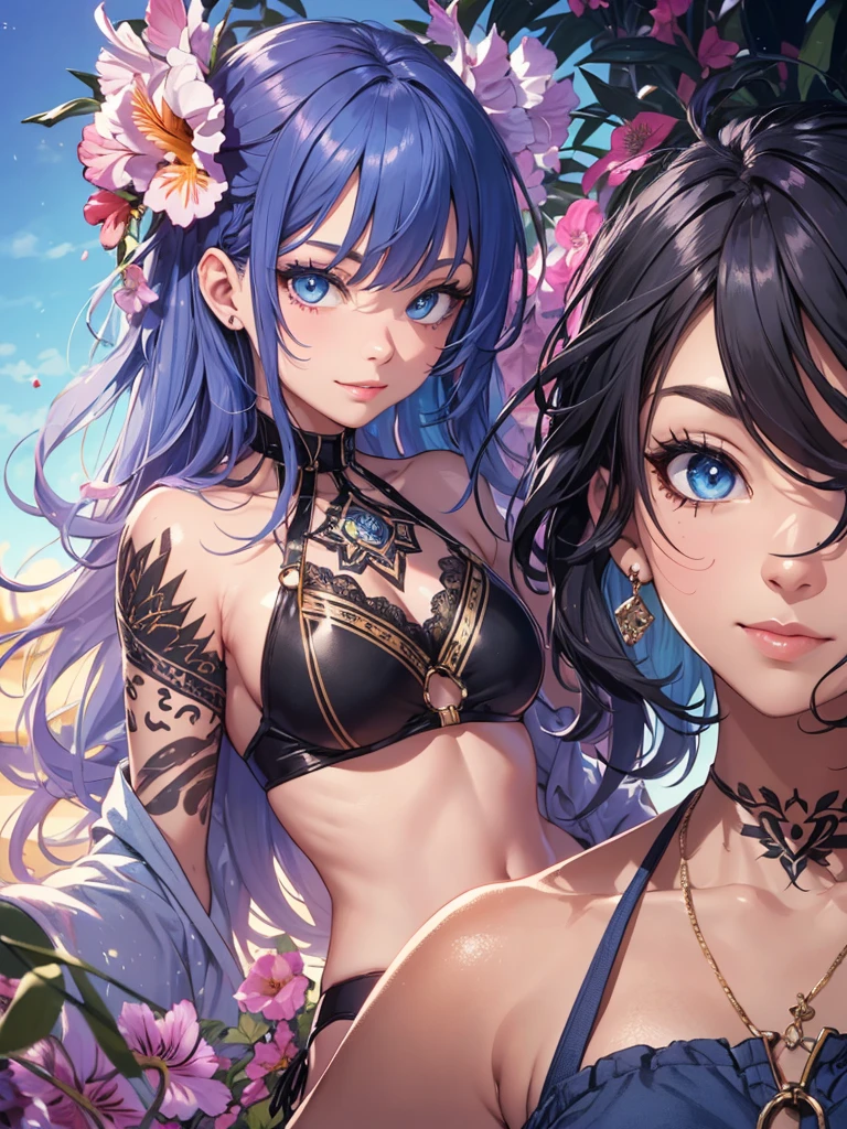 ((Best quality, 8k, Masterpiece :1.3)), dramatic lighting, Konan Naruto Akatsuki, beautiful woman, 1girl, huge breasts :1.3, (firm abs, slender figure :1.1), lusty, short purple hair, orange eye,(panties :1.1), ultra-detailed face, detailed lips, detailed eyes, double eyelid, hot couple, boyfriend, man friend, double pose, bed, boudoir