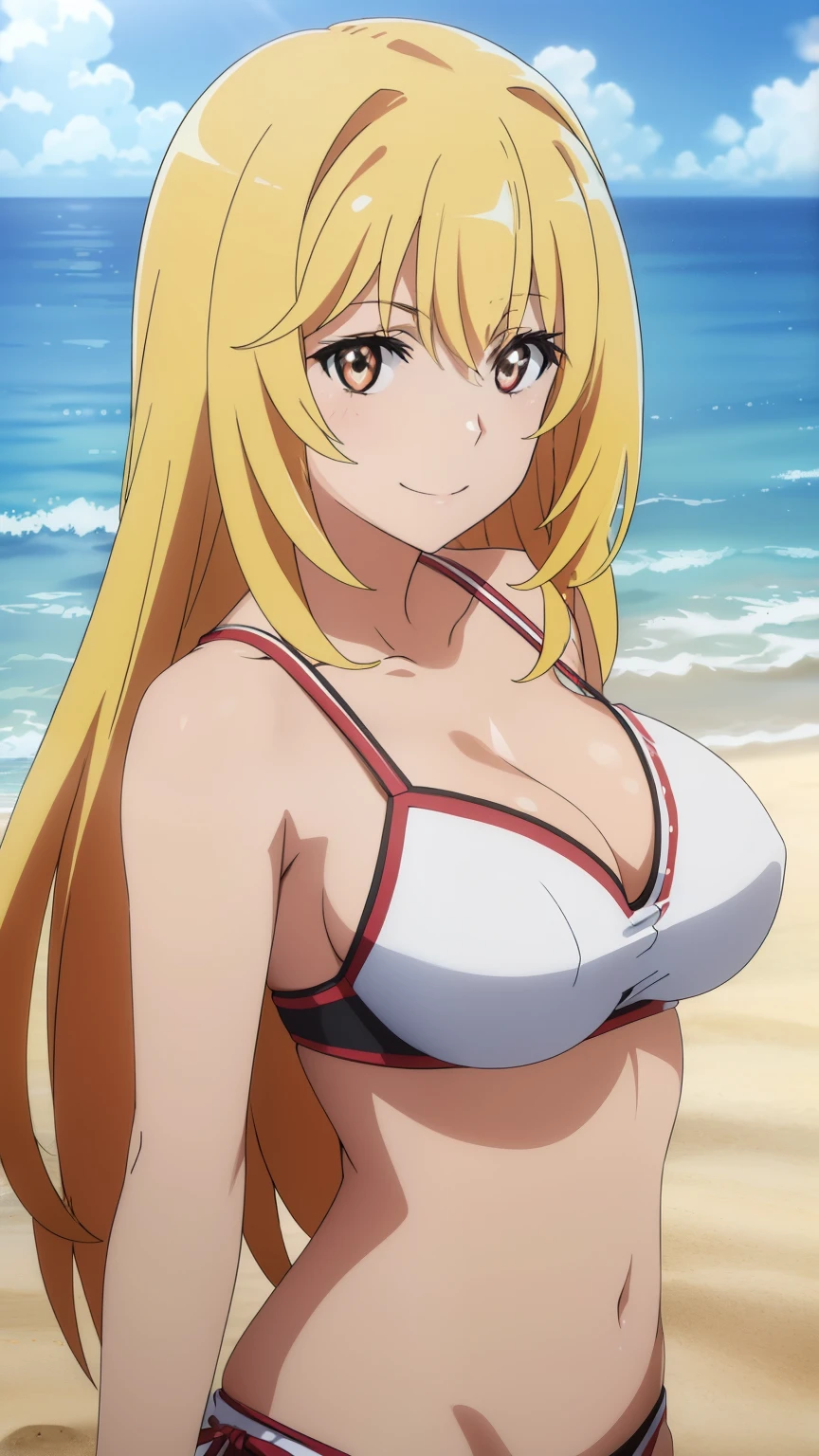 (highest quality, High resolution, 8k, masterpiece: 1.2), Very detailed, Anime art style, Misao Shokuhou, smile,blonde, Long Hair, large medium breasts, Swimwear,Beach ,Upper Body, looking at the camera, Stylish pose, stylish angle, The staring camera focuses on the center of the image,