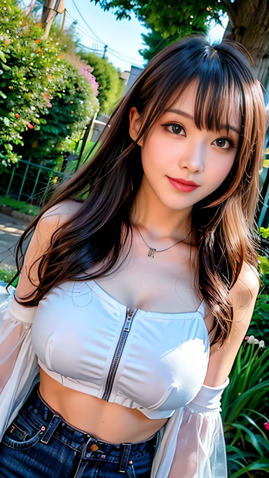 Full Body Angle、((highest quality, 8K, masterpiece: 1.3)), concentrated: 1.2, Cute girl 1,nipples erect、Braless walk、 Perfect beauty: 1.4,Contrast mesh lantern sleeve crop top: 1.2,Long sleeve、randal color、comics&Text Graphics、Black ruffle-trimmed drawstring zip blouse,1.1, Highly detailed face and skin textures, Fine grain, double eyelid, whitening skin, ,highest quality,Ultra-high resolution,you,1 girl,alone,_Shiny_skin,Iris,necklace,((Brown_length_Wavy_hair)),(lips)),eyelash,front hair,deal with,compensate,Shiny,pore,skin texture,big breasts、smiling face、garden、