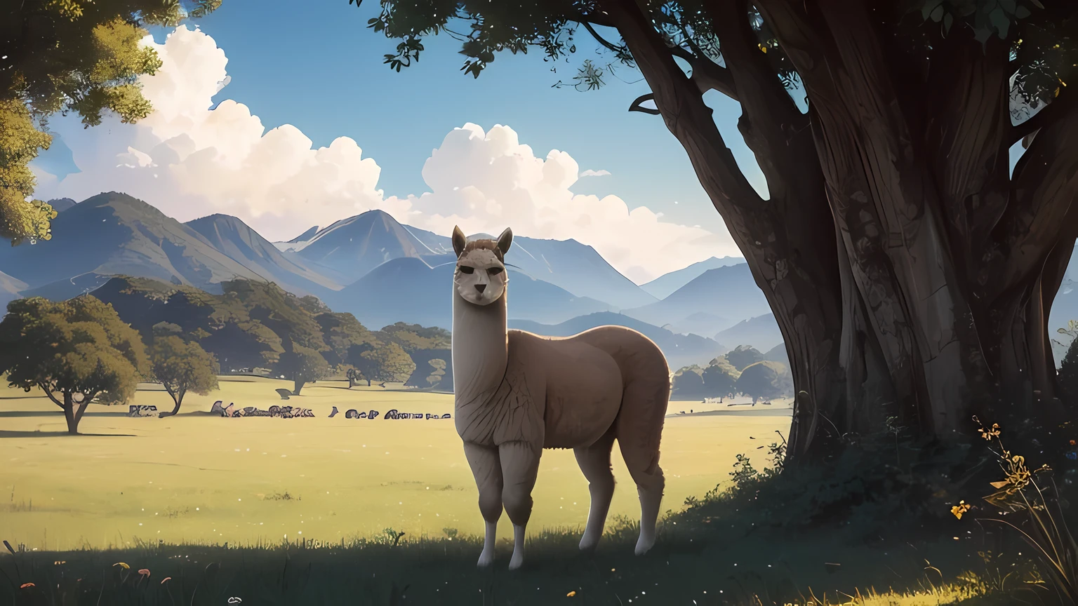 (ultra detailed), a beautiful and intricately rendered full-size portrait of a solitary alpaca, (1.3), standing calmly with its soft, fluffy coat, (beige color), showcasing its distinct elongated ears and expressive eyes, (brown, expressive), set against a serene, open landscape, (green pasture, rolling hills), under a clear, sunny sky, (blue, cloudless), capturing the gentle essence of this beloved animal, a masterpiece by renowned artists such as (Pino Daeni, Ruaidri, Virtyalfobo, Kenket). (4k, HD, ultra detailed)