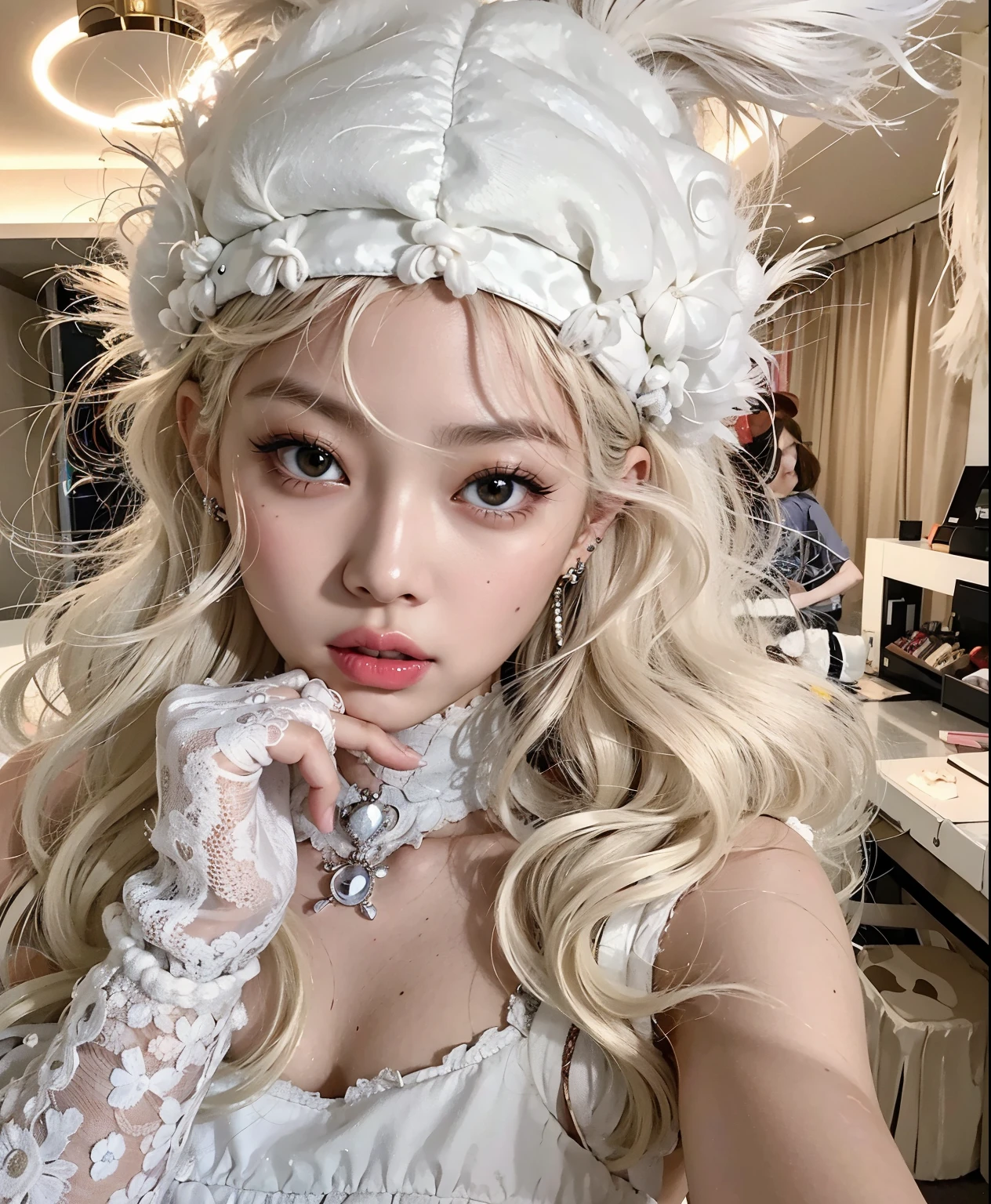 um close up de jennie usando um vestido branco e um colar, luvas branco, with hat, hime corte penteado, Ulzzang, O corte Hime, pale fair skin!!, Shikami, preto hime corte cabelo, cruel korean goth girl, Chiho, small heart - shaped face, linda Delphine, Lalisa Manobal, pale porcelain white skin, anime vibes, jennie blackpink