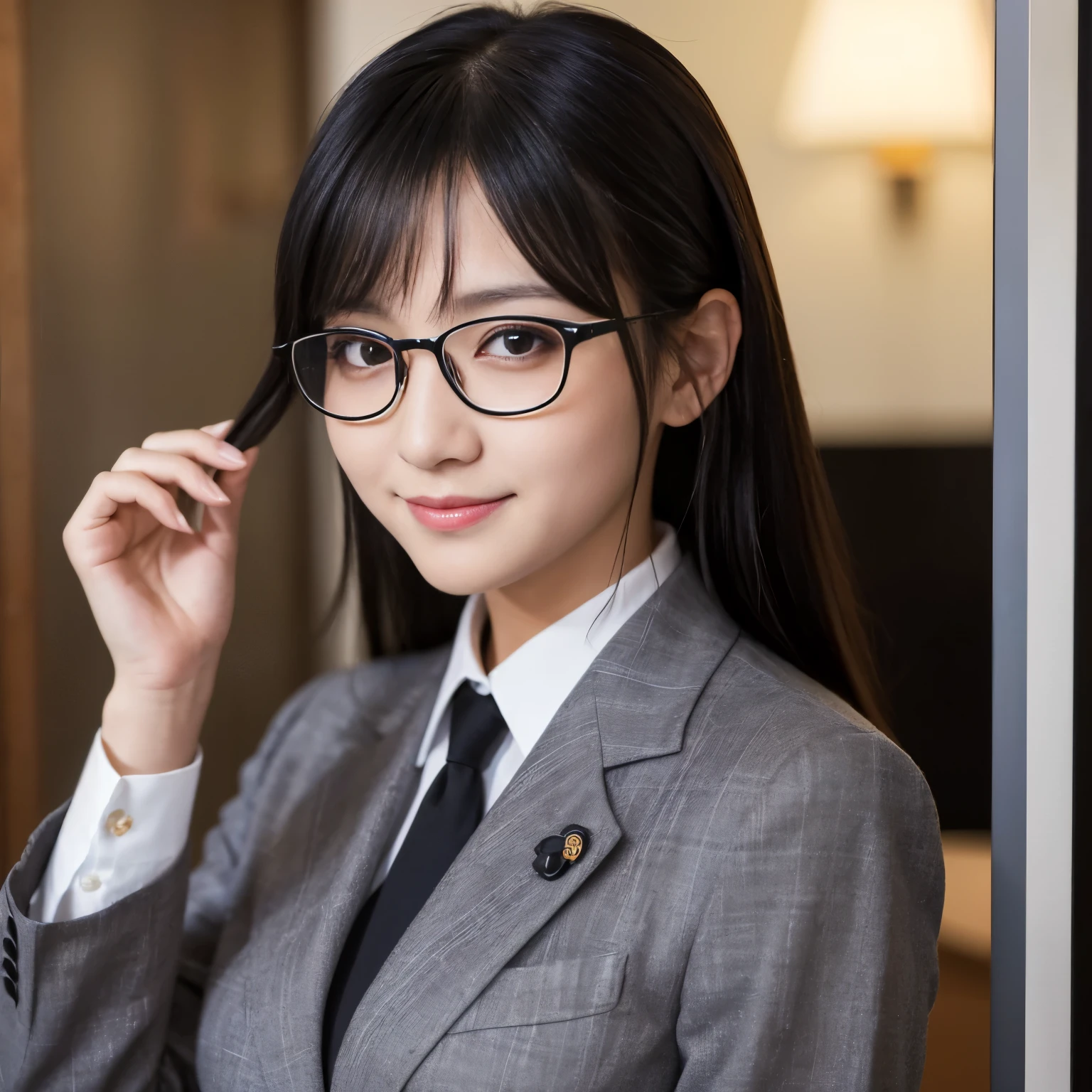 (Brown eyes:1.48)、(Classy model 1:.48)、(high resolution:1.48)、(Age 27:1.48)、(Very big eyes:1.48)、(Tight ladies suits:1.48)、(Slender Big Tits:1.48)、(Clear skin:1.48)、(Shyly laughing 1:.48)、(Frameless glasses:1.48)