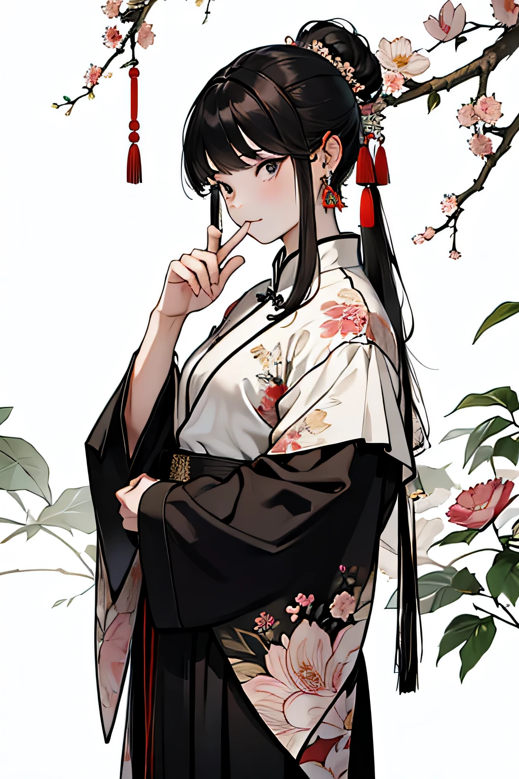 masterpiece,Extremely detailed ofCG unified 8k wallpaper,1 Girl, beauty of, actual of, blur of, blur of_background, blur of_prospect, Branches, brown of_hair, 梅flower, depth_of_site, earrings, flower, jewelry, nose, actual of, Unique,Chinese clothes,Finger hidden, Hide weapons, Only wear