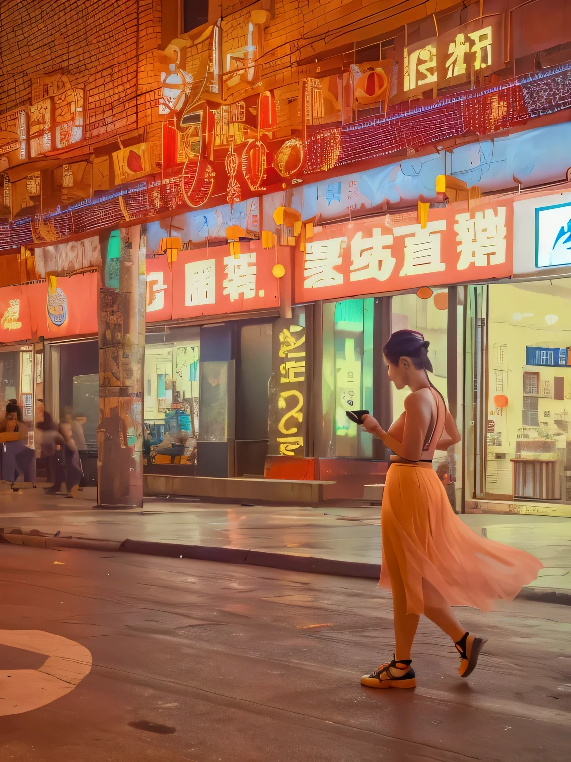 Woman in skirt walking on the street with mobile phone, The goddess is looking at her phone, There are neon lights, night, evening, Neon lights in the background, On the city streets at night, summer evening, evening, Street Photography, Covered with Chinese, neon shops, Exit store, Busy Night, Chinese, Neon lights above the store