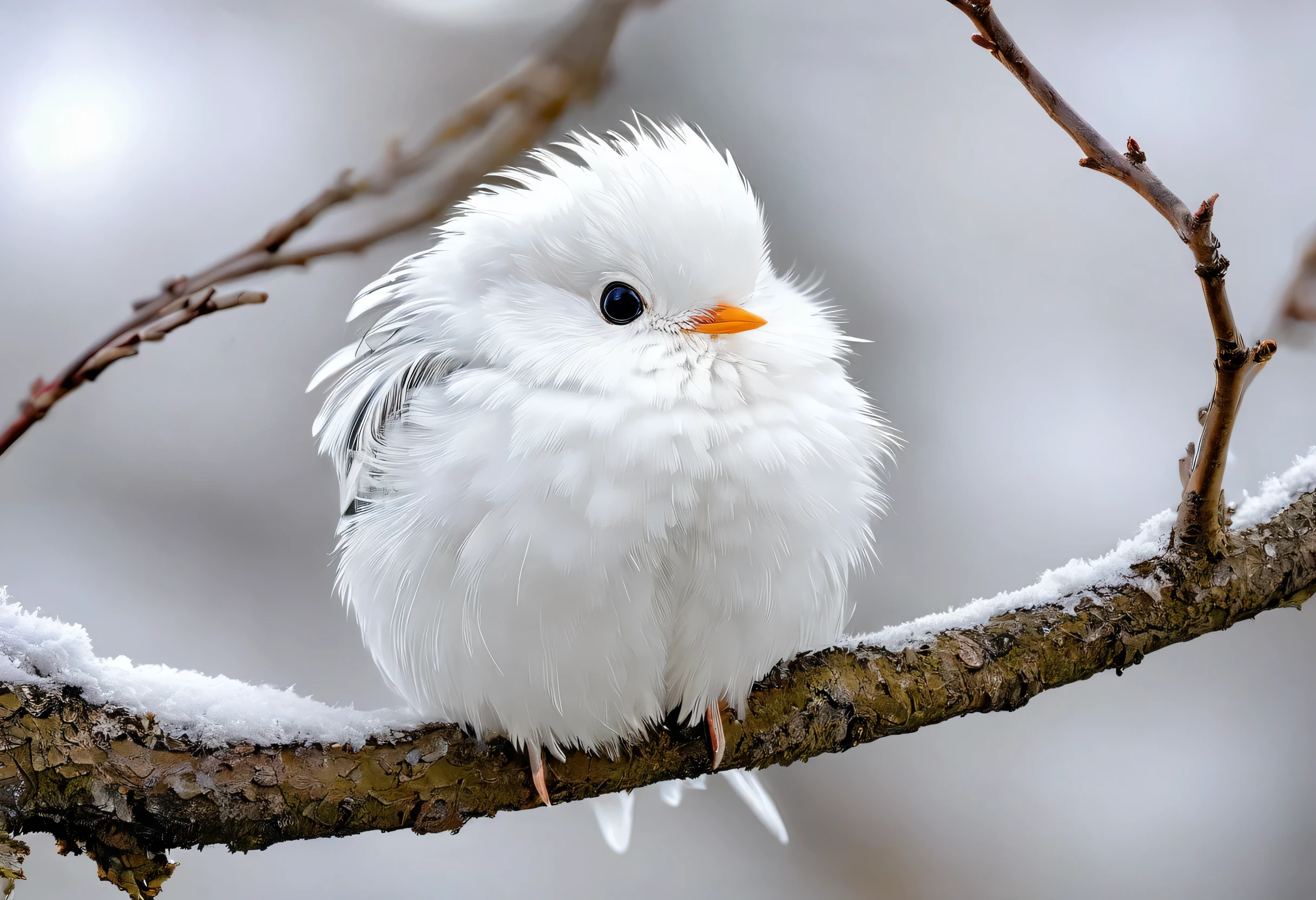 A white bird sits on a tree branch, Pastels inspired by Michinari Kono, Trending on Pixabay, Arabesque, cold white eyes, Close-up of the face of the striped, the cutest creature in the world, Fluffy face, Proud expression, the cutest creature in the world, Beautiful, bright white eyes, Kitty Bird Hybrid