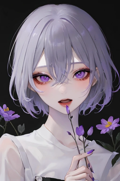 1 Girl,Solitary,flower,short hair,Looking at the audience,Red nails,black background,Keep hair,Open your mouth,Keep,Bangs,white flower,Upper Body,Nail polish,shirt,头发flower白,white shirt,Hair between the eyes,Simple background,Gray nails,Purple Eyes,cosmetic,ct style,beautiful eyes,