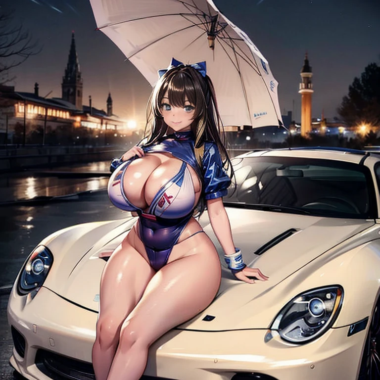 16k, High resolution, Ray Tracing, RTTX 10.0, Ultra-realistic, High resolution, Wide-angle shot, highest quality, masterpiece, Full body image, (perfection anatomy ), Long black hair, Happy laughter, blue eyes, Sexy Body, Looking at the camera, at night, Anime Style, Trending on ArtStation, WLOP, sakimichan, Awards, Great composition, perfection, great lighting, sitting on the hood of a porsche 911, 1 set, Car Girl, racing girl、Camel Toe、Giant tit、Nipple Puffs、Cleavage、Plump、Super big breasts、Super big butt、Temptation、lure、Parasol、Blonde gal