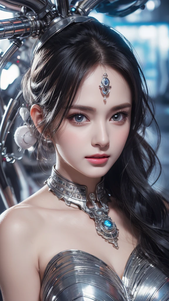 Close-up portrait of the head and chest of a beautiful and lovely woman, Her breasts are decorated with pneumatic tubes,Giving her a unique and futuristic look. Highly detailed digital rendering captures every aspect of her beauty, From her delicate facial features to her intricate tubes.