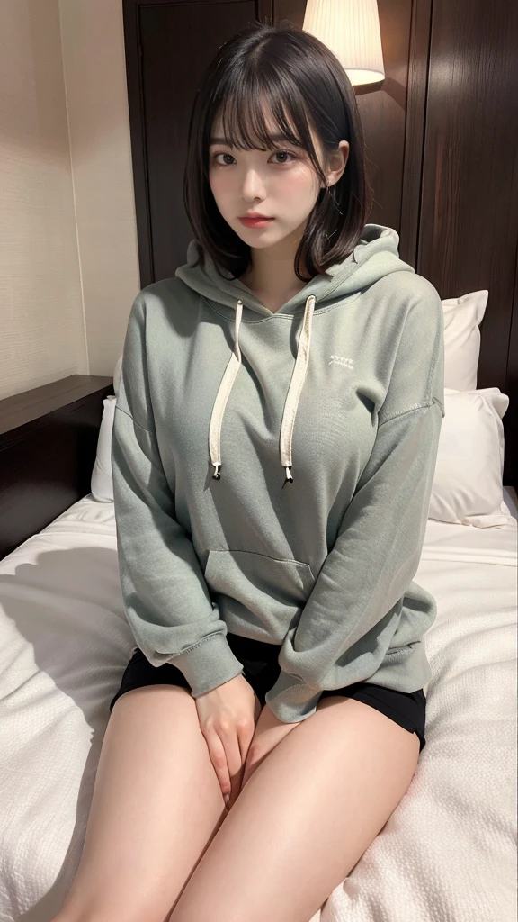 muste piece, best quality, illustration, Super detailed, fine details, High resolution, 8K,wall paper, perfect dynamic composition,(Details High quality, realistic depiction of eyes:1.3), Oversized Light Grey Hoodie, Erotic Shorts, short bob hair, Lying down, black hair color, Big Natural Color Lip, bold sexy pose, (perfect body shape), crying a little、cold gaze, Harajuku style、20 year old girl、cute type、lolita、beautiful legs, hotel room, hposing Gravure Idol, Voluptuous thighs
