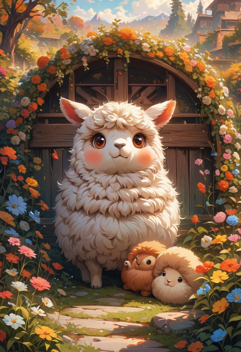 style, Vibrant colors, dreamy atmosphere, Layered composition, Intricate details, Warm rural background,(Brown Alpaca, Alpaca plush toy, Old Alpaca, Anthropomorphic alpacas, Fluffy,Solitary， big eyes,best quality,Super detailed,Reality), Soft texture, Comfortable atmosphere, peaceful garden background, Vibrant colors, Warm lighting