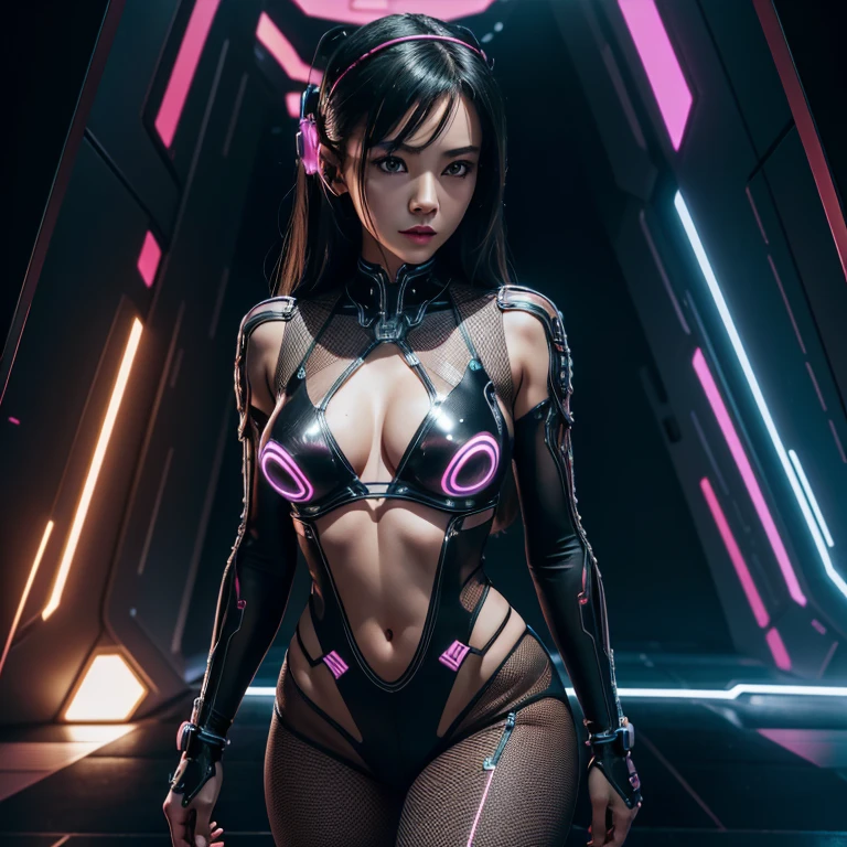 naked girl with sexy figure, cyberpunk style, I stand tall, dressed in neon mesh, against the backdrop of incredibly fantastic alien landscapes, 4k, 8K, Maximum realism, on the body only clothes made of transparent neural mesh and combat implants, emphasizing body lines , Photorealistic graphics, maximum attention to facial quality, HDMI, HD, high quality photo, PHOTO-REALISTIC BODY AND FACE, special attention to detail on the face and body. transparent, high-quality images of the face and body.