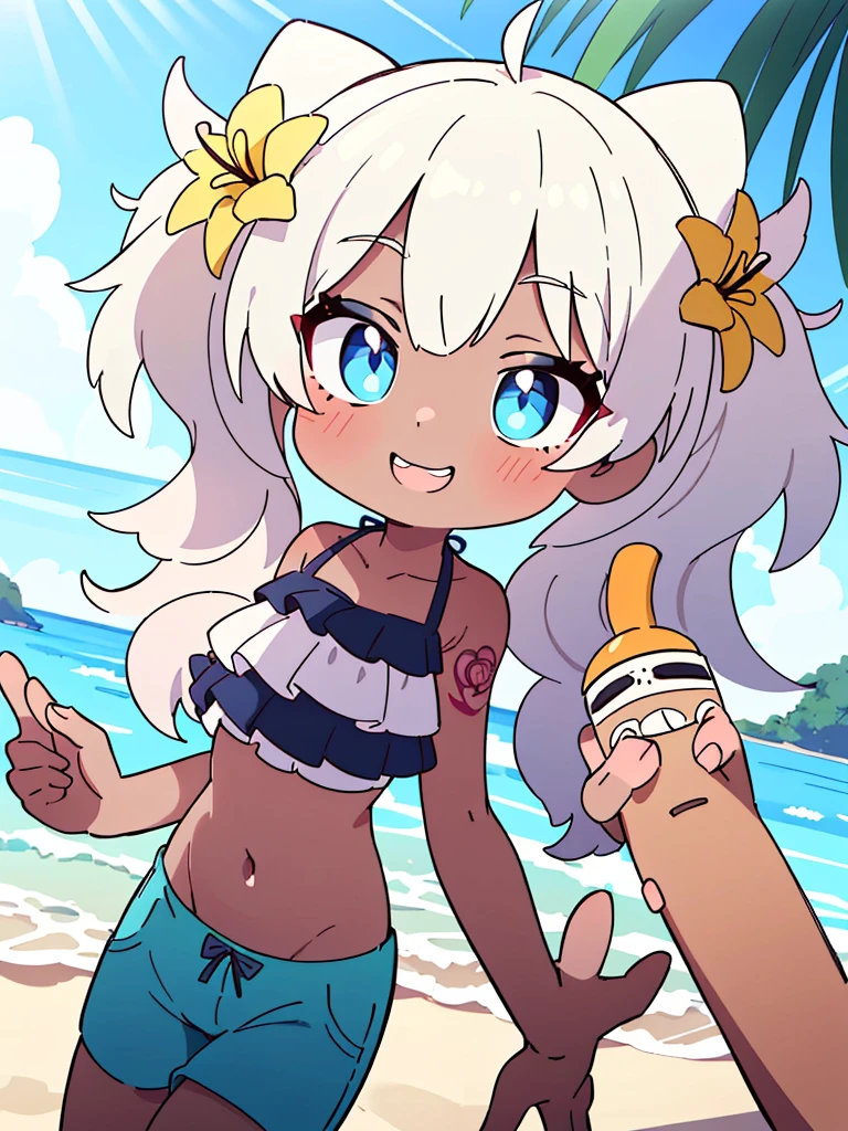 (masterpiece, best quality, ultra detailed, ultra high resolusion, highres,8k:1.4),detailed beautiful eyes,(Intricate Iris Details:1.4), BREAK,20_years_old, girl,smile, grin, (dark_skin),(tribal_tatoo),(wavy hairs),(messy hair),(asymmetry bangs),(multicolored hair), 
Tsurime Eyes, (((blue eyes))),
(Depth and Dimension in the Pupils,Meticulous Eyelash Details),
((flower hair ornament)),(shortpants,bikini:1.4),beach, sunlight,