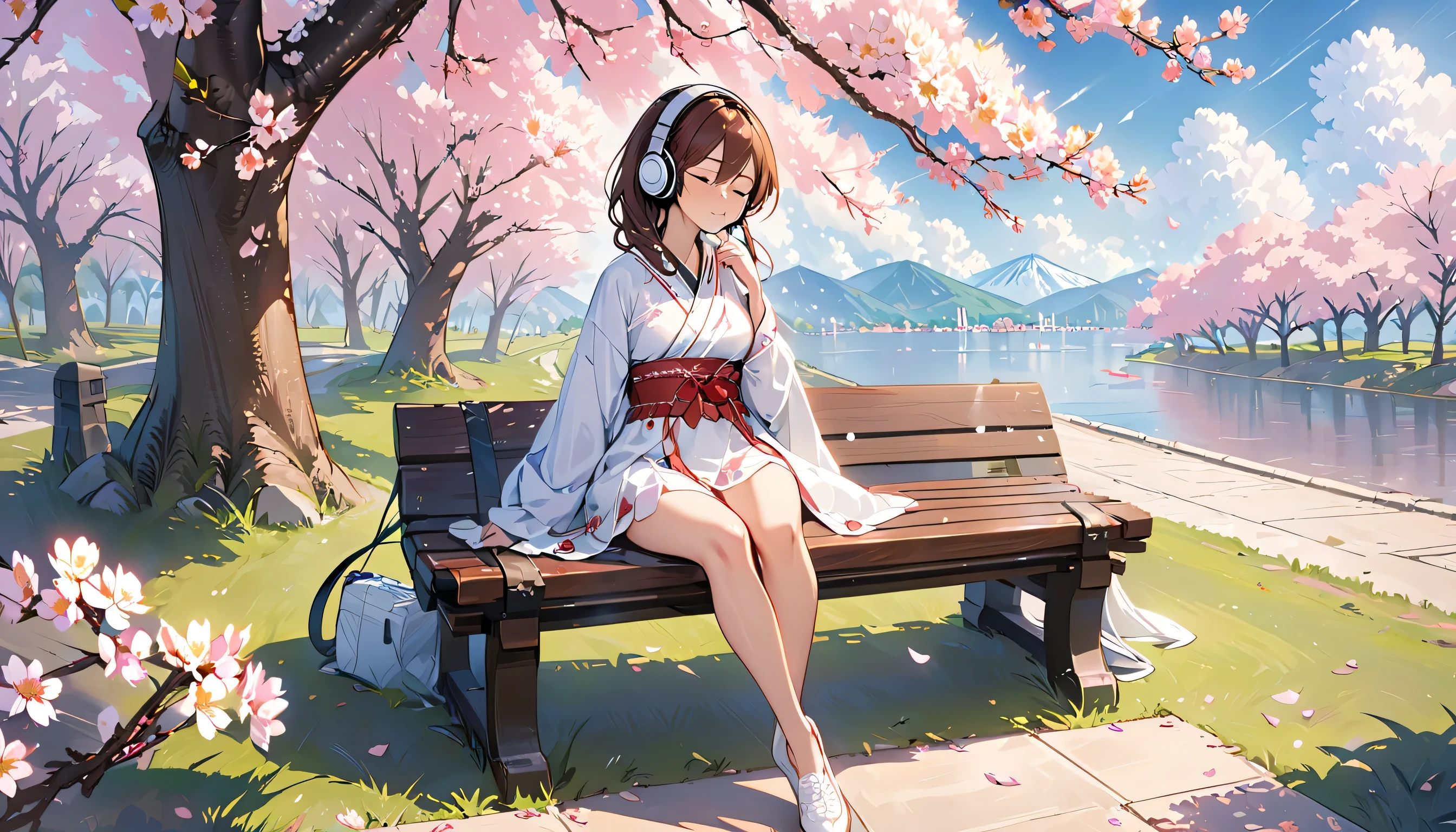 ((best quality)), ((masterpiece)), (detailed), perfect face, sitting under the cherry blossom tree, listening to music, One woman, wearing headphones, eyes closed, wearing underwear, underwear is transparent, sitting on a bench