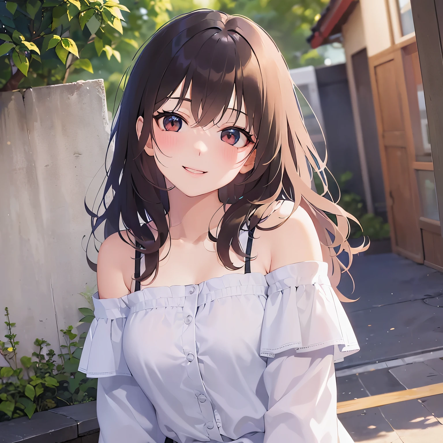 Waving hand, Biologically correct five fingers、POV, looking up, Upper Body, Realistic, real person, (pale skin: 1.2), RAW photo, photorealistic, portrait photography, shiny skin, shiny hair、(25 year old woman with medium hair with bangs) and (wavy hair) and (brown hair) and (orange eyes), (white) and （Off-the-shoulder blouse）、(smile, blush:1.5), background is outside、Alone、Are standing、