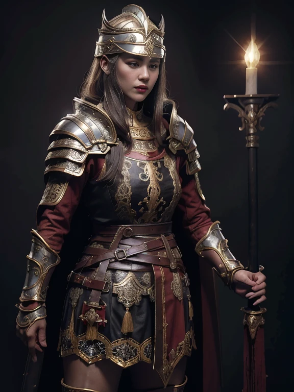 1mulher, solo, Female Viking warrior with helmet and red cape, longos cabelos pretos, zangada, caucasian woman, long black hair, hora prateado, fotorrealista, alto contraste, 8k HD, detalhado, hiper-detalhado, textura de pele realista, cabelo loiro, melhor qualidade, ultra alta res, foto crua, dramatic illumination, motor irreal, brilho difuso intrincado eaba prateado, capa preta, campo de batalha, Standing