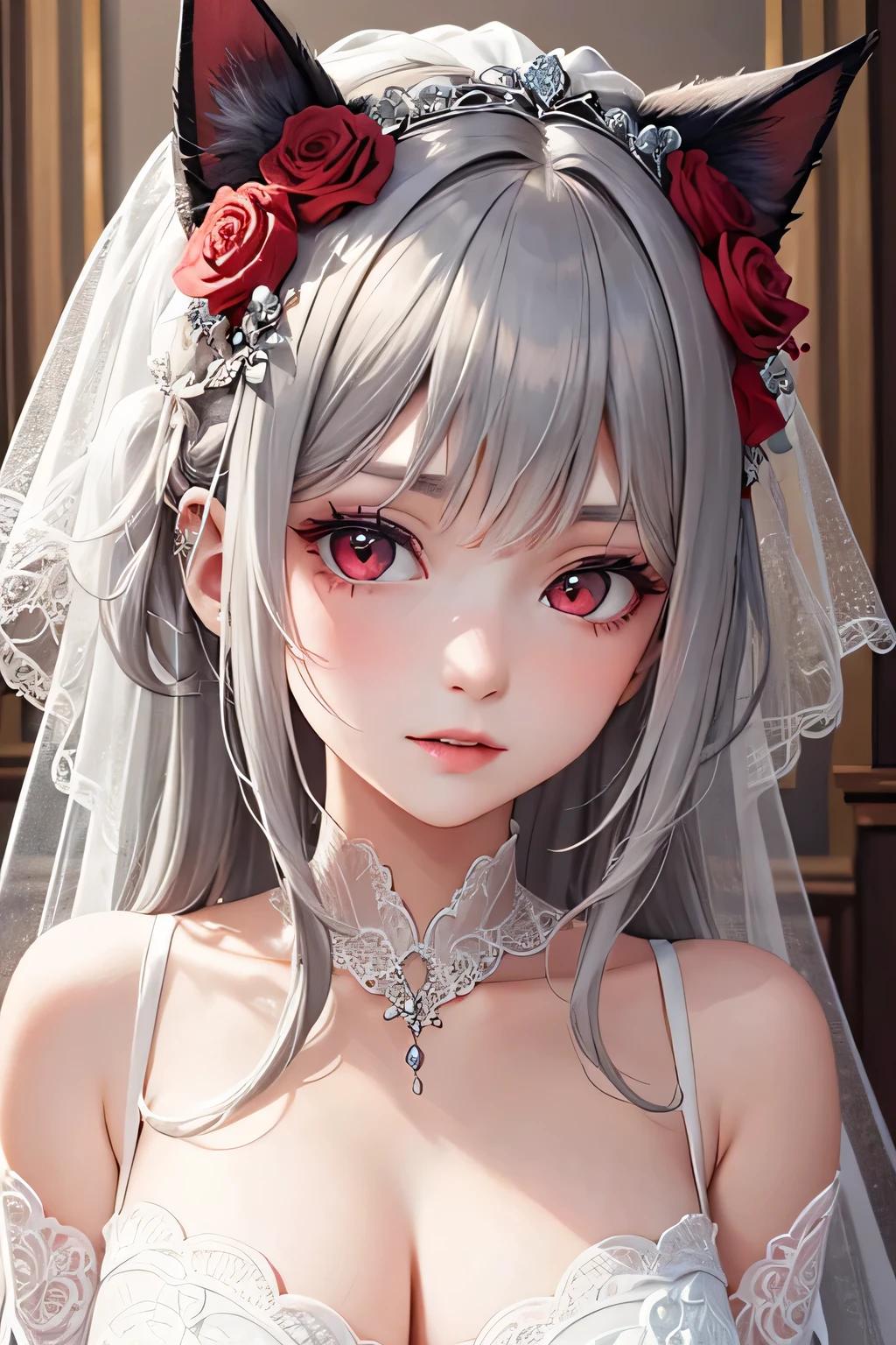 ((highest quality)), ((masterpiece)), (detailed), Perfect Face,Vampire,Cat ear,Gray Hair,Long Hair,Wedding dress,Red rose head dress,Red eyes