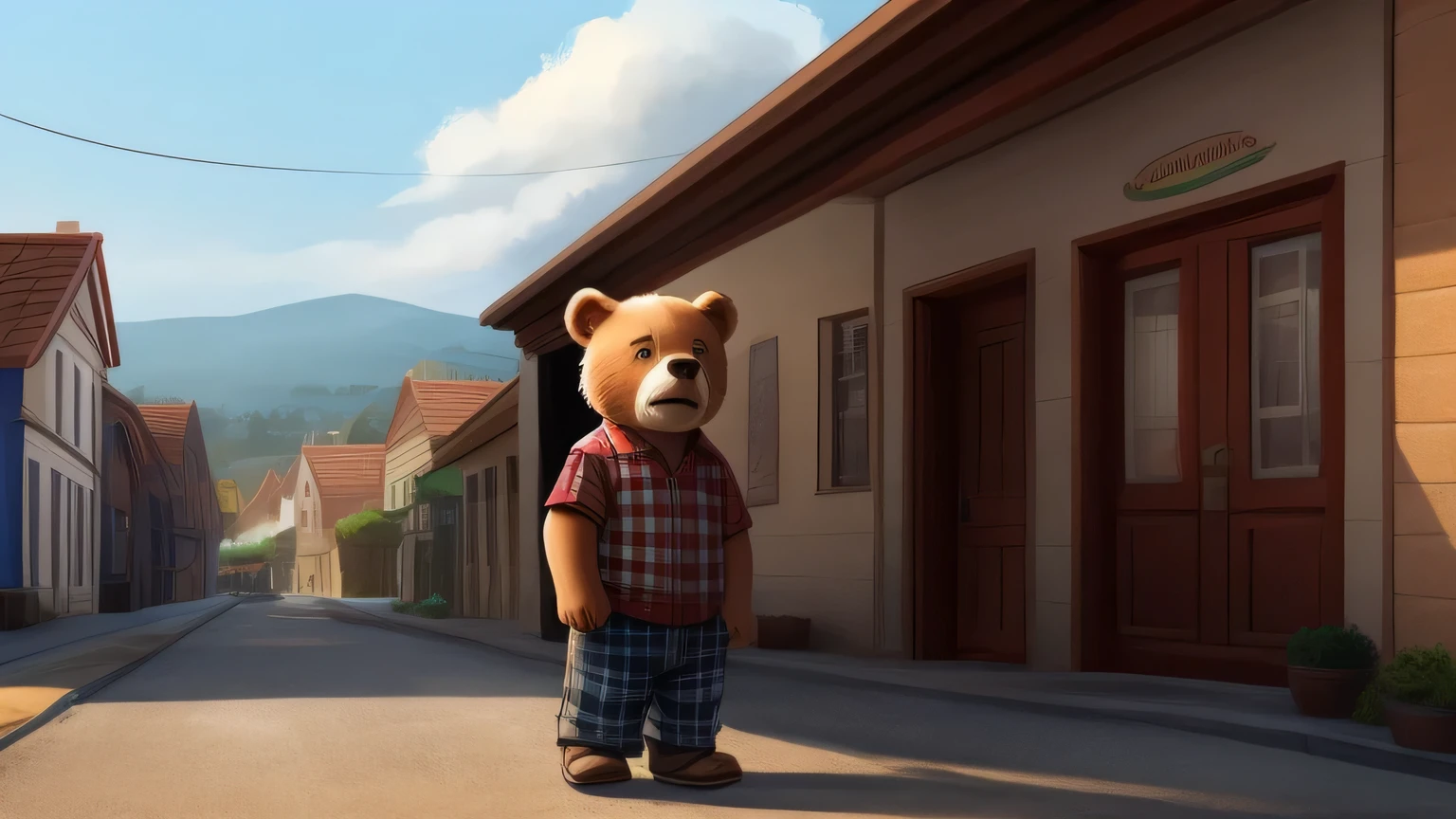 In a beautiful small town,There is a little bear,His name is Bobby,6 years old,Wear plaid clothes,he is unhappy,Cried