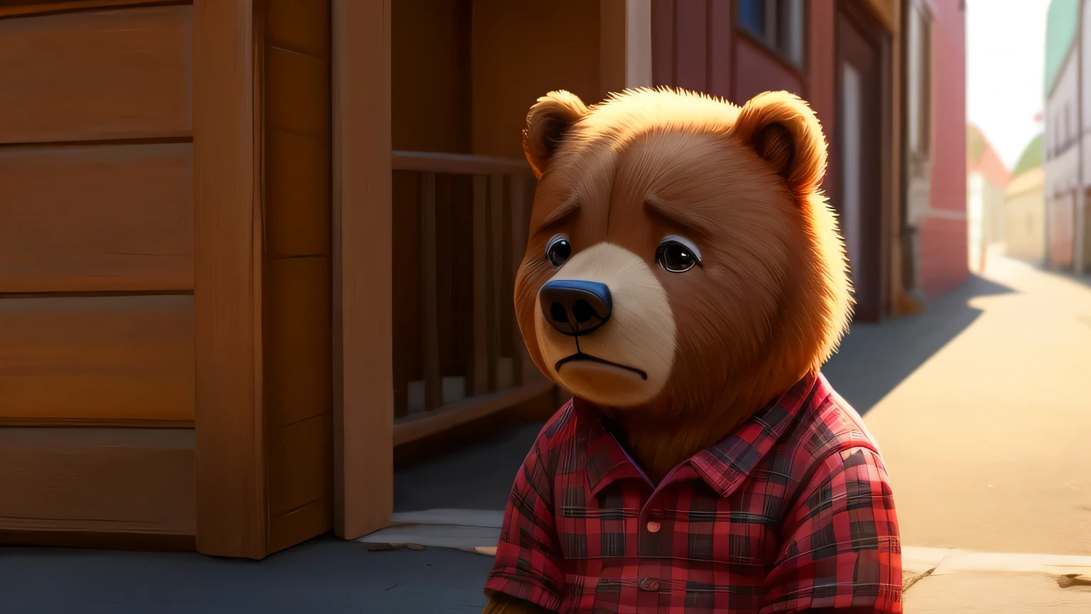 In a beautiful small town，There is a little bear，His name is Bobby，6 ，Wear plaid clothes，he is unhappy，Cried