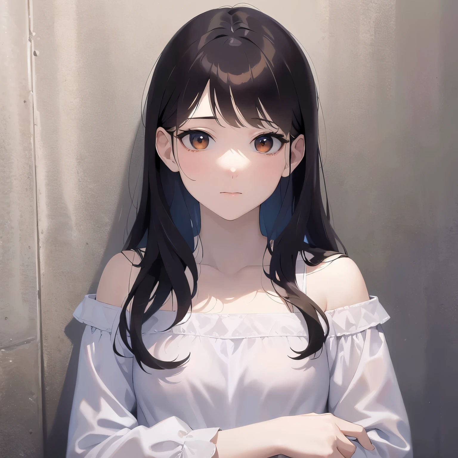 Cradling face with both hands, Biologically correct five fingers、POV, looking up, Upper Body, Realistic, real person, (pale skin: 1.2), RAW photo, photorealistic, portrait photography, shiny skin, shiny hair、(25 year old woman with medium hair with bangs) and (wavy hair) and (brown hair) and (orange eyes), (white) and (Off-the-shoulder blouse)、sad, background is outside、Alone、Are standing、