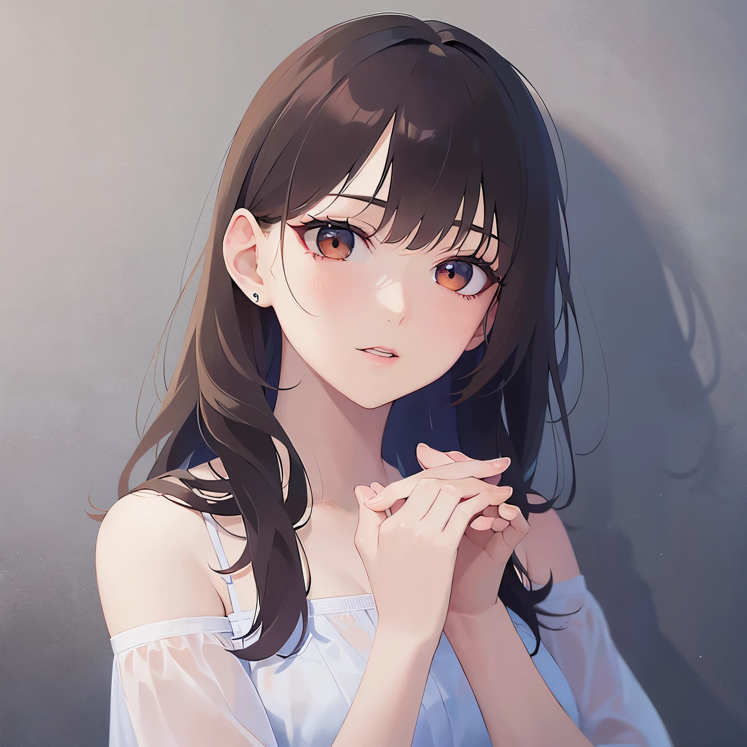 (Placing hand on face:1.3), Biologically correct five fingers、Realistic, real person, (pale skin: 1.2), upper body, RAW photo, photorealistic, shiny skin, shiny hair、(A 25-year-old woman with medium-length hair and bangs) and (wavy hair) and (brown hair) and (Orange Eyes) , (White T-shirt) 、(sad:1.5), tears, open mouth, The background is a hospital room.、Alone、Are standing