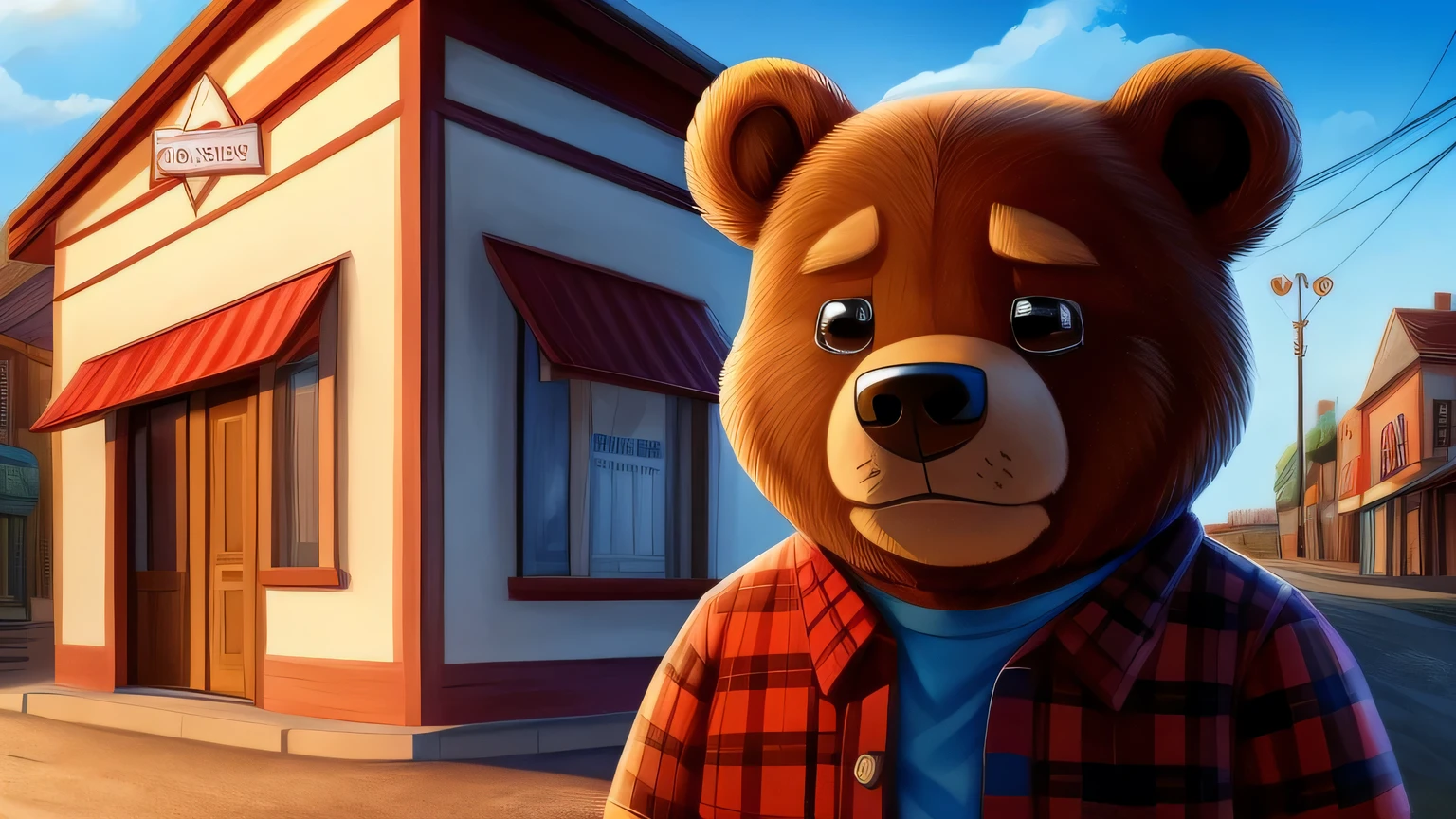 In a beautiful small town，There is a little bear，His name is Bobby，6 years old，Wear plaid clothes，he is unhappy，Cried