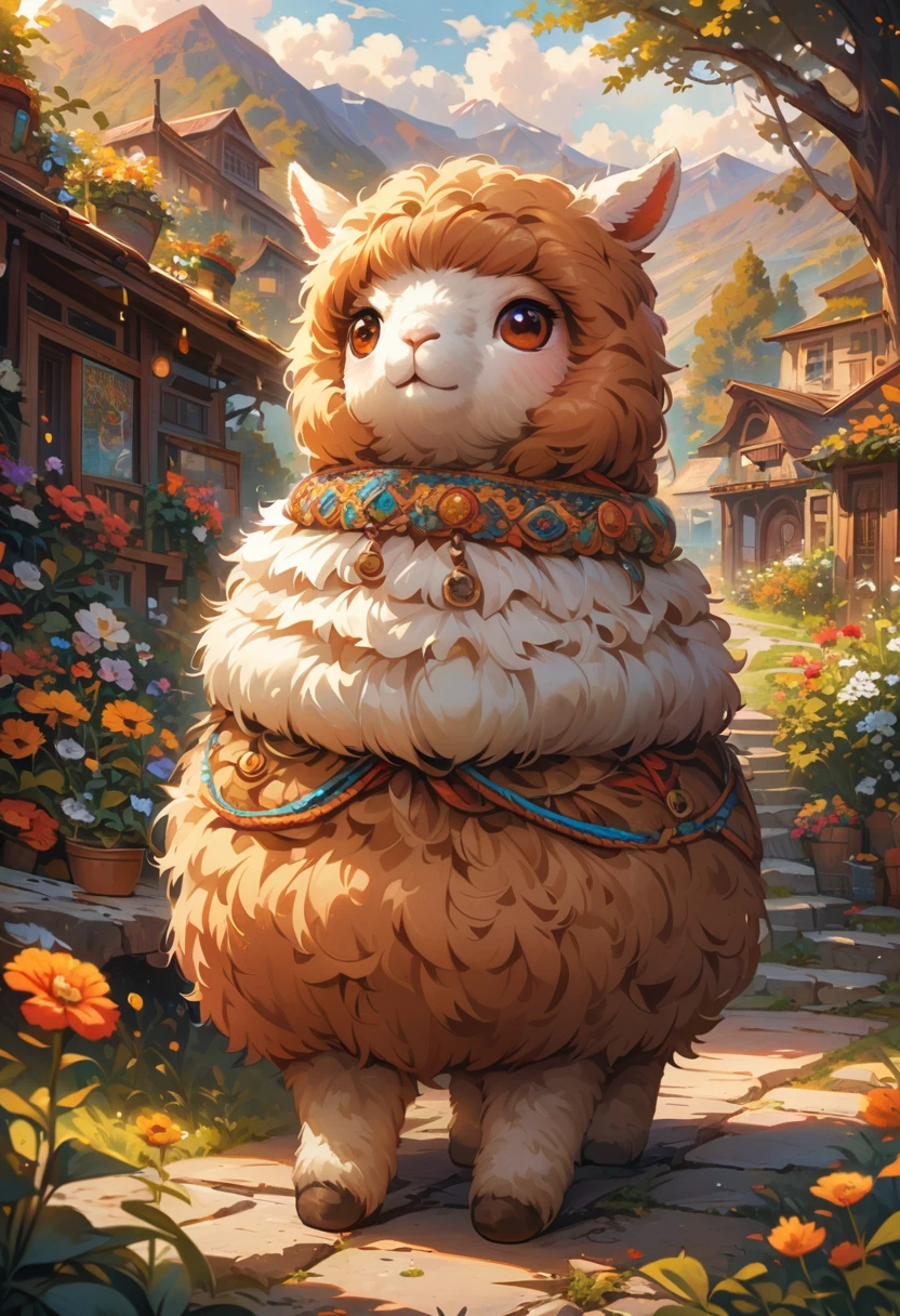 style, Vibrant colors, dreamy atmosphere, Layered composition, Intricate details, Warm rural background,(Brown Alpaca, Alpaca plush toy, Old Alpaca, Anthropomorphic alpacas, Fluffy,Solitary， big eyes,best quality,Super detailed,Reality), Soft texture, Comfortable atmosphere, peaceful garden background, Vibrant colors, Warm lighting