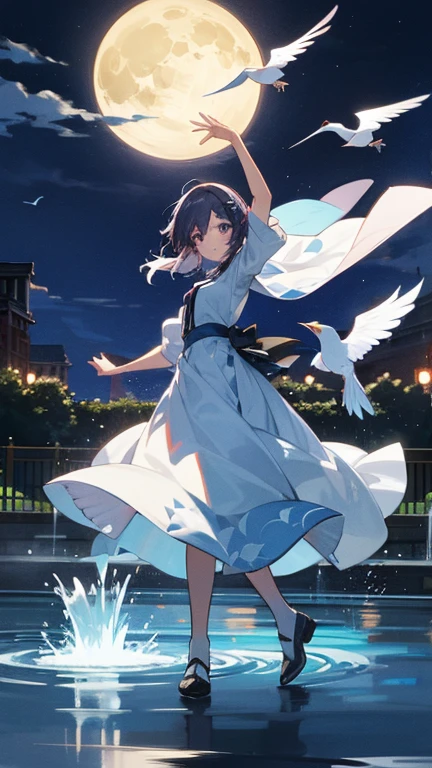 Draw a bird'Makise Akane dancing in front of a fountain reflecting the moon.