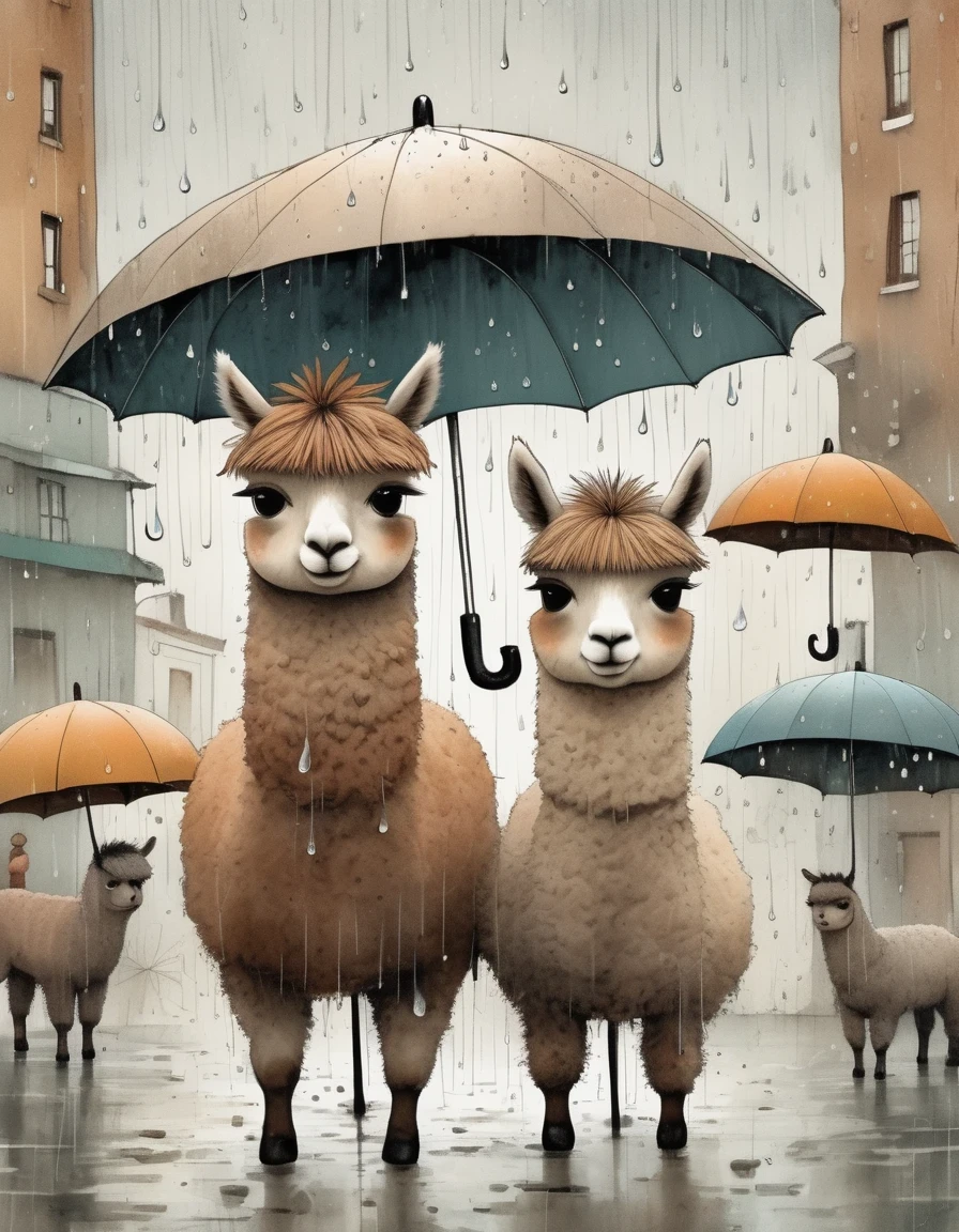 a alpacas under umbrellas, raindrops, modern sketches and dynamic line drawings of features, brown textures ， original style,Captivating full-body caricature re-created in the style of jon Klassen and Sam Toft,