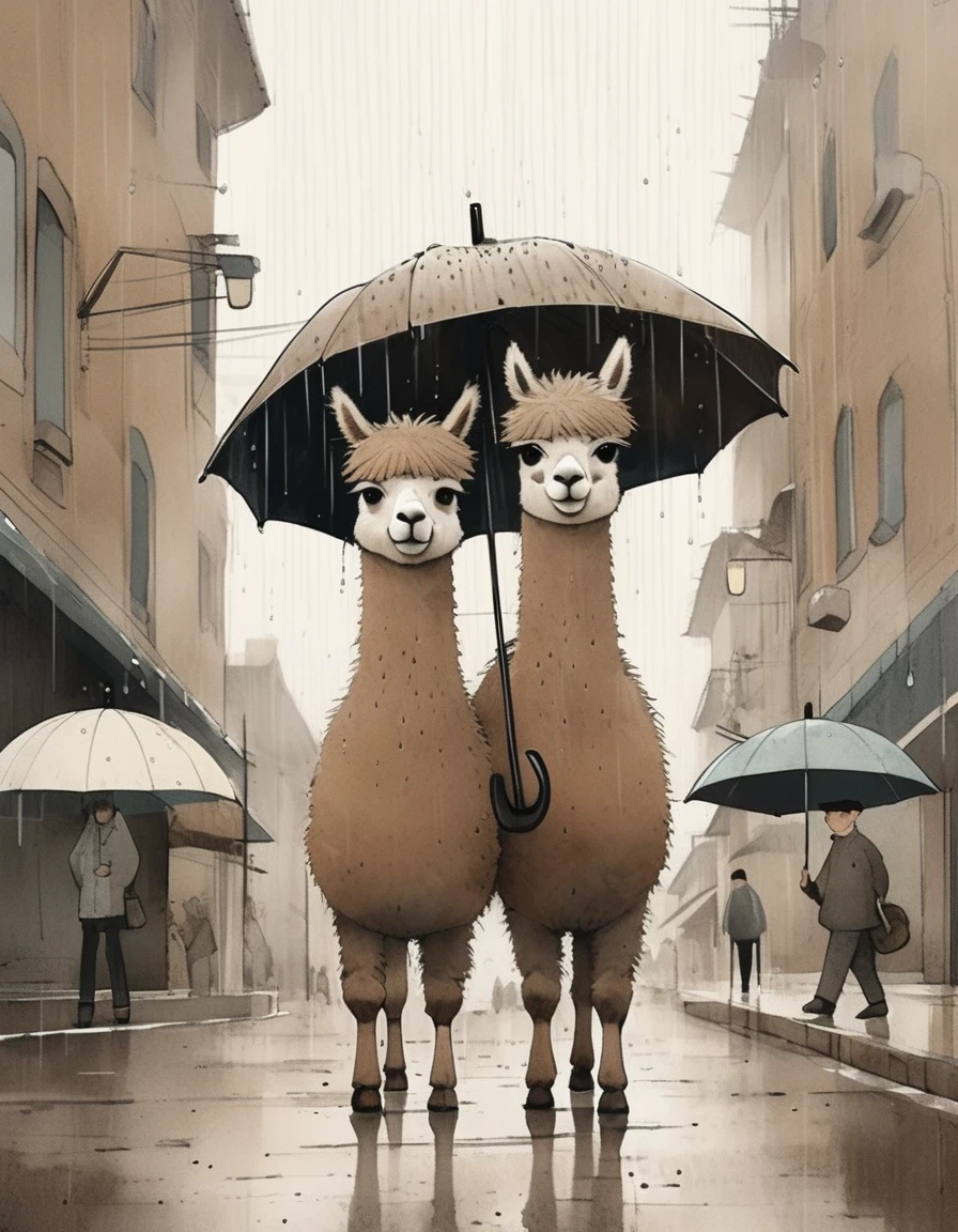 Captivating full-body caricature re-created in the style of jon Klassen and Sam Toft: alpacas under umbrellas, raindrops, modern sketches and dynamic line drawings of features, brown textures ， original style