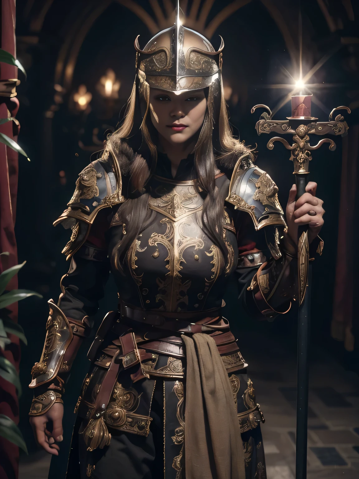 1mulher, solo, Female Viking warrior with helmet and red cape, longos cabelos pretos, zangada, caucasian woman, long black hair, face visible hora prateado, fotorrealista, alto contraste, 8k HD, detalhado, hiper-detalhado, textura de pele realista, cabelo loiro, melhor qualidade, ultra alta res, foto crua, dramatic illumination, motor irreal, brilho difuso intrincado eaba prateado, capa preta, campo de batalha, Standing