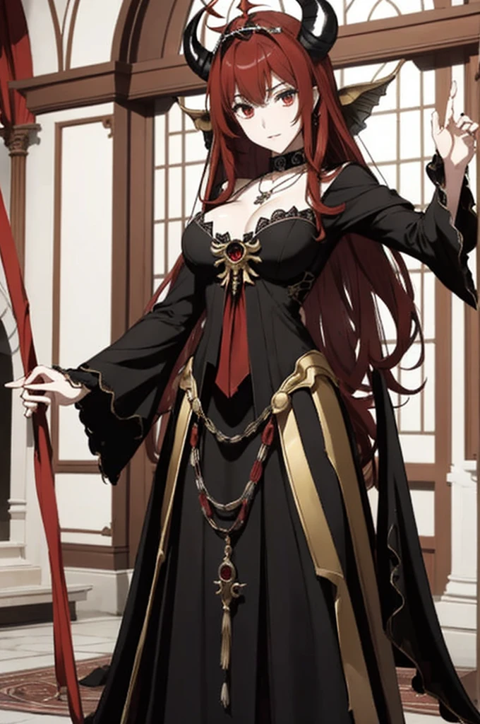 ((highest quality)), ((masterpiece)), (be familiar with), Perfect Face、The Enchanting Body of Celica（FE）、Red hair、The perfect proportions、semi-long、necklace、Bangles、Caster wheel、Circlet、Luxury Accessories、first round、Fallen into evil、、Blank look、Engagement Rings、Hollow Eyes、Ritual of Summoning Demons、Dark Room、Red magic circle on the floor、大量のSkeleton Candelabraと蝋燭、darkness、Black sheets、Devil's Altar、Suspicious rituals、A large number of skull objects、Big magic circle on the floor、Skeleton Candelabra、Luxury Jewelry、Be baptized by the devil、Skeleton Crown、black large gemstone pendant、empty eyes、Apathy、Expressionless、Black priestly uniform、devil&#39;s priest、believer in demons、dark priest、Black religious clothing、Richly decorated priestly vestments、Black clothes、Black Veil、Devil's Ornaments、Devil&#39;s Accessories、Temple of the Devil、Baphomet&#39;s Servant、Standing in front of the altar、Open your arms、Big devil statue、Black interior、Big devil statueに祈りを捧げる、Large goat-headed devil statue、Big Baphomet statue