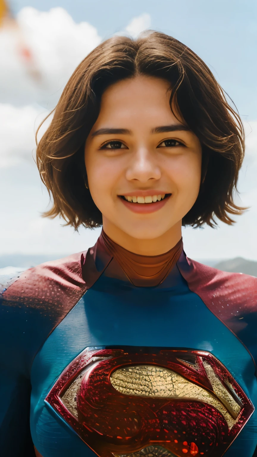 Foto de Supergirl, cabelo curto, May, capa, dia ensolarado ao ar livre, Background sky, analog style (olhe para o visualizador:1.2) (textura da pele), Fujifilm XT3, dslr, 50mm, looking at camera, smile, cute, happy, smil