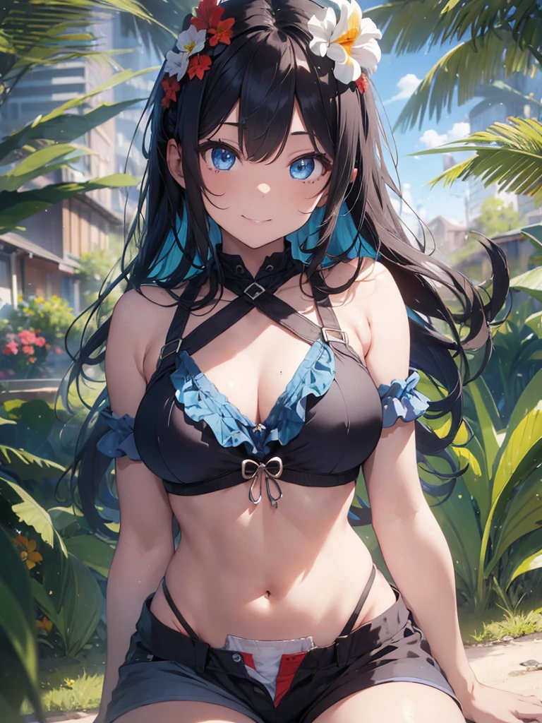 (masterpiece, best quality, ultra detailed, ultra high resolusion, highres,8k:1.4),detailed beautiful eyes,(Intricate Iris Details:1.4), BREAK,20_years_old, girl,smile, grin, (dark_skin),(tribal_tatoo),(wavy hairs),(messy hair),(asymmetry bangs),(multicolored hair),
Tsurime Eyes, (((blue eyes))),
(Depth and Dimension in the Pupils,Meticulous Eyelash Details),
((flower hair ornament)),(shortpants,bikini:1.4),beach, sunlight,