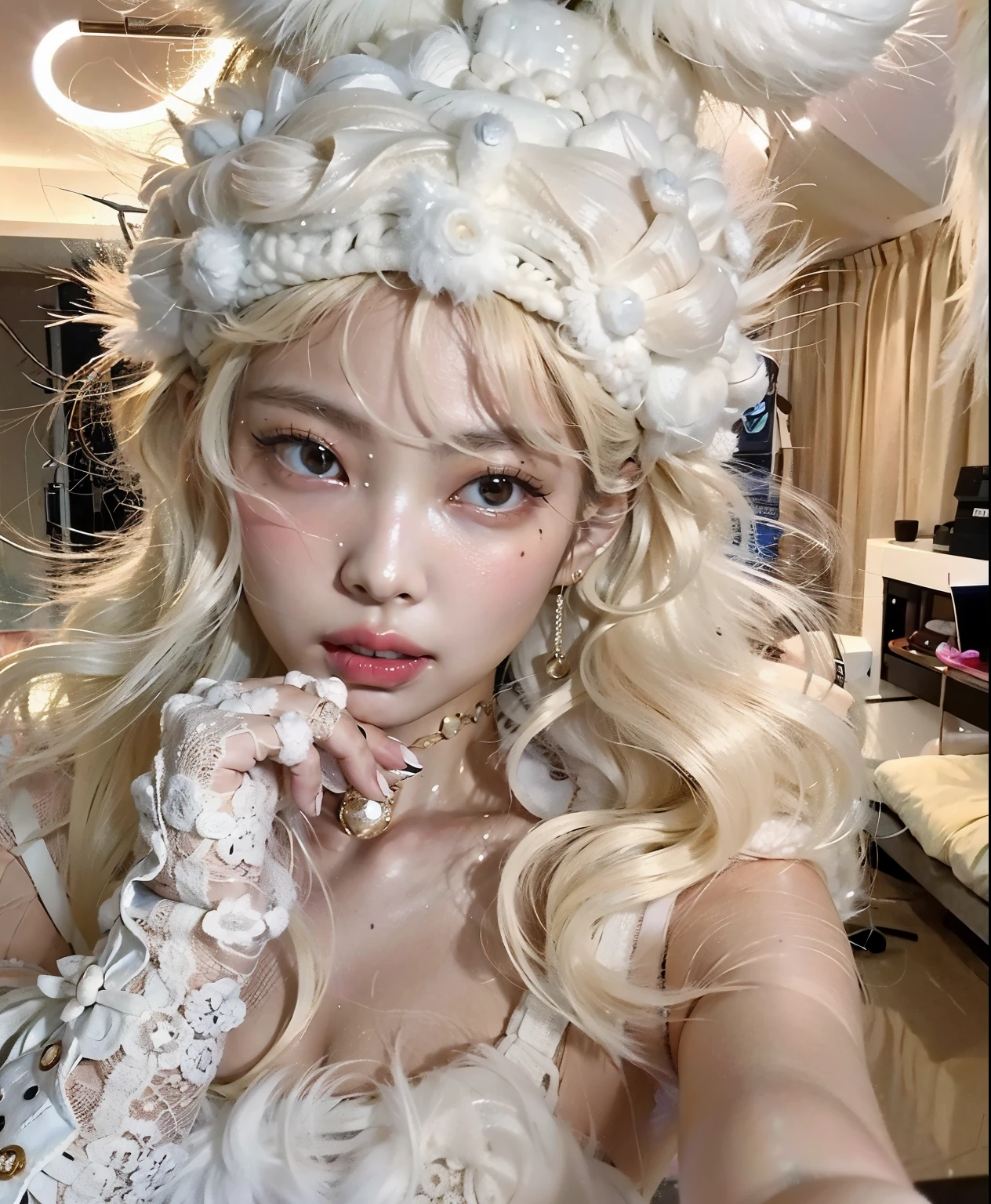 um close up de jennie usando um vestido branco de pelinho e um colar, luvas branco, with hat, fuzzy hat, hat with fur, hime corte penteado, Ulzzang, O corte Hime, pale fair skin!!, Shikami, preto hime corte cabelo, cruel korean goth girl, Chiho, small heart - shaped face, linda Delphine, Lalisa Manobal, pale porcelain white skin, anime vibes, jennie blackpink