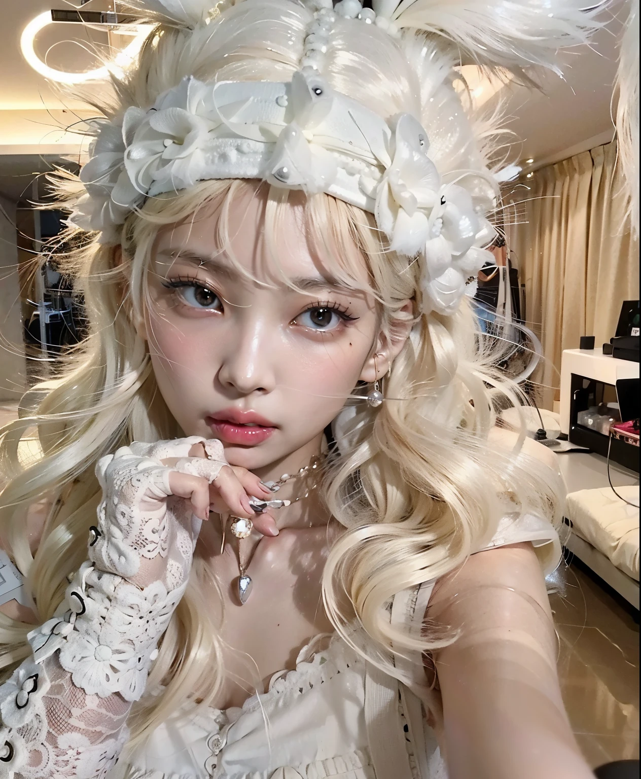 um close up de jennie usando um vestido branco e um colar, luvas branco, with hat, hime corte penteado, Ulzzang, O corte Hime, pale fair skin!!, Shikami, preto hime corte cabelo, cruel korean goth girl, Chiho, small heart - shaped face, linda Delphine, Lalisa Manobal, pale porcelain white skin, anime vibes, jennie blackpink
