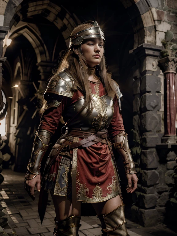 1mulher, solo, Female Viking warrior with helmet and red cape, longos cabelos pretos, zangada, extremely beautiful young woman, hora prateado, fotorrealista, alto contraste, 8k HD, detalhado, hiper-detalhado, textura de pele realista, cabelo loiro, melhor qualidade, ultra alta res, foto crua, dramatic illumination, motor irreal, brilho difuso intrincado eaba prateado, capa preta, campo de batalha, Standing