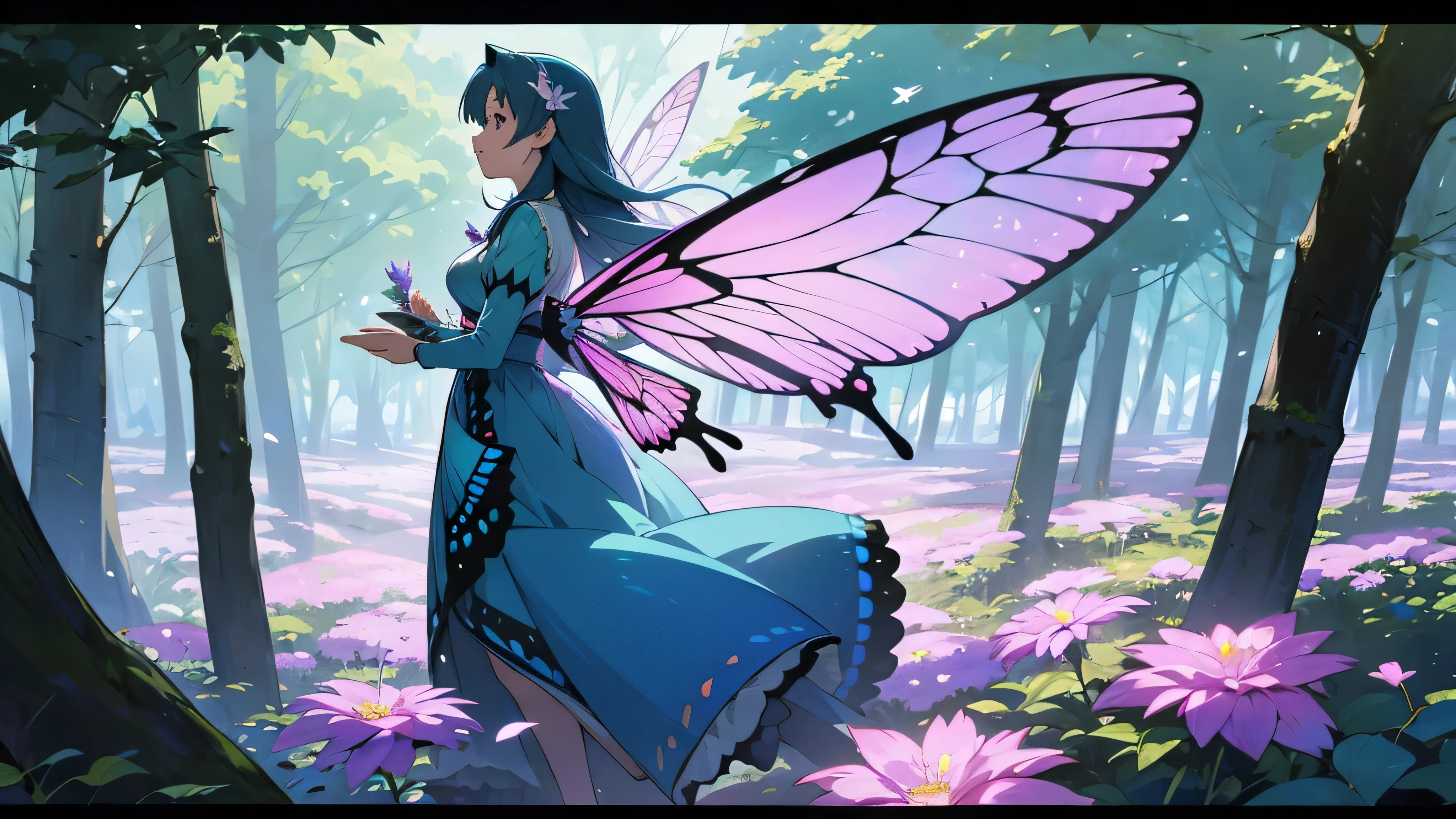 Fairy、flying、View from the side、Butterfly Wings、in the forest、Lots of flowers、Aerial、Too much exposure、noon, Japanimation, eroge, 35 mm, Incredibly hyper-detailed and intricately realistic, full body character, beautiful, Female, Perfect