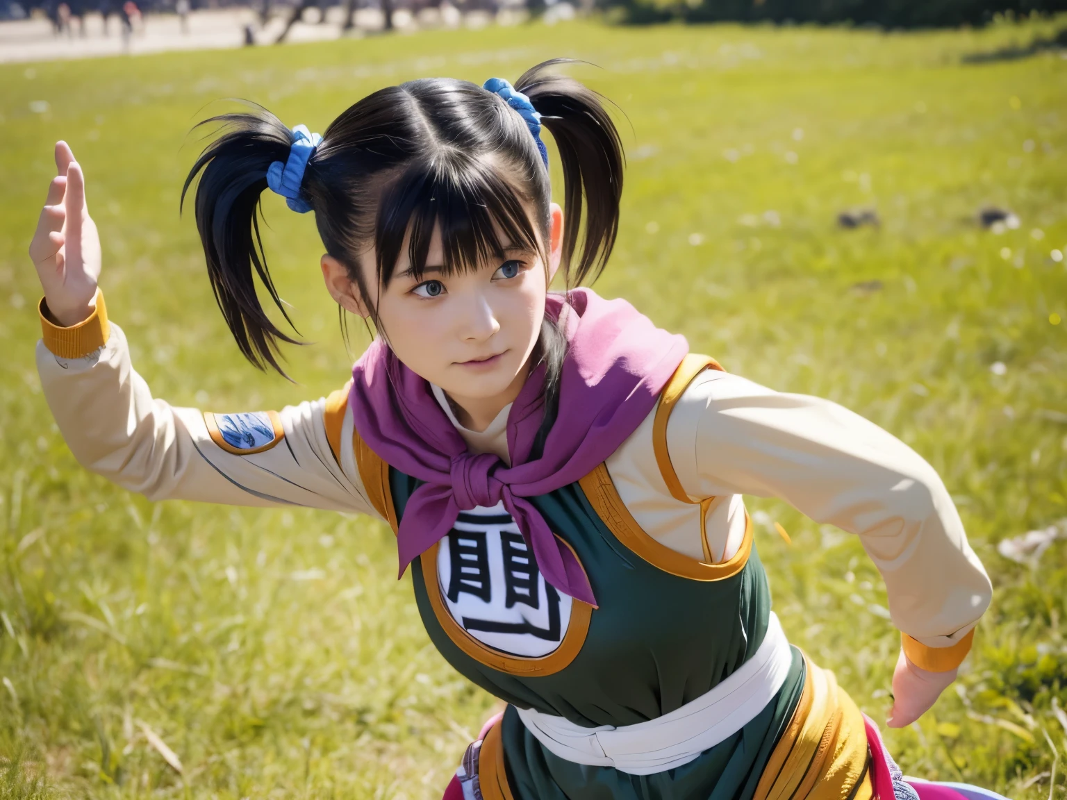 (highest quality,Very detailed,Realistic), (1 girl), Warrior \(dq3\), Twin tails, hair tie, chinese garment,Dynamic pose