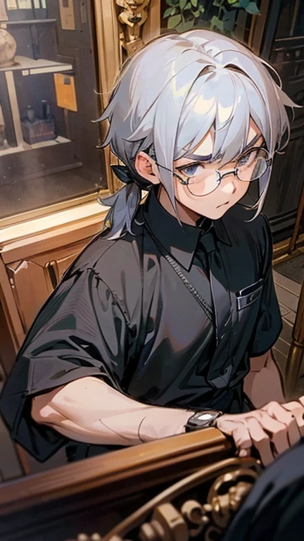 anime boy, a picture of man, gray hair, has a bangs, medium hair, tied hair in back, glasses, serious eyebrows, work clothing, black shirt, black tie, antique watch somewhere near him, focus in his work, in a vintage roomwork, serious