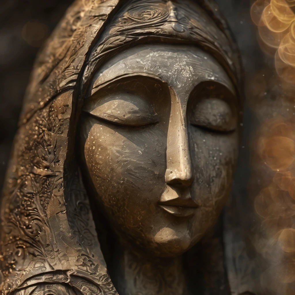 (masterpiece, best quality:1.2), Statue of the Virgin, Painted in earthy tones,With subtle patterns and textures,Invoking Ancient Wisdom. Focus on the face,With depth of field and bokeh effects. This is a high resolution image,Complex details,The background is dark,Soft lighting, style of.